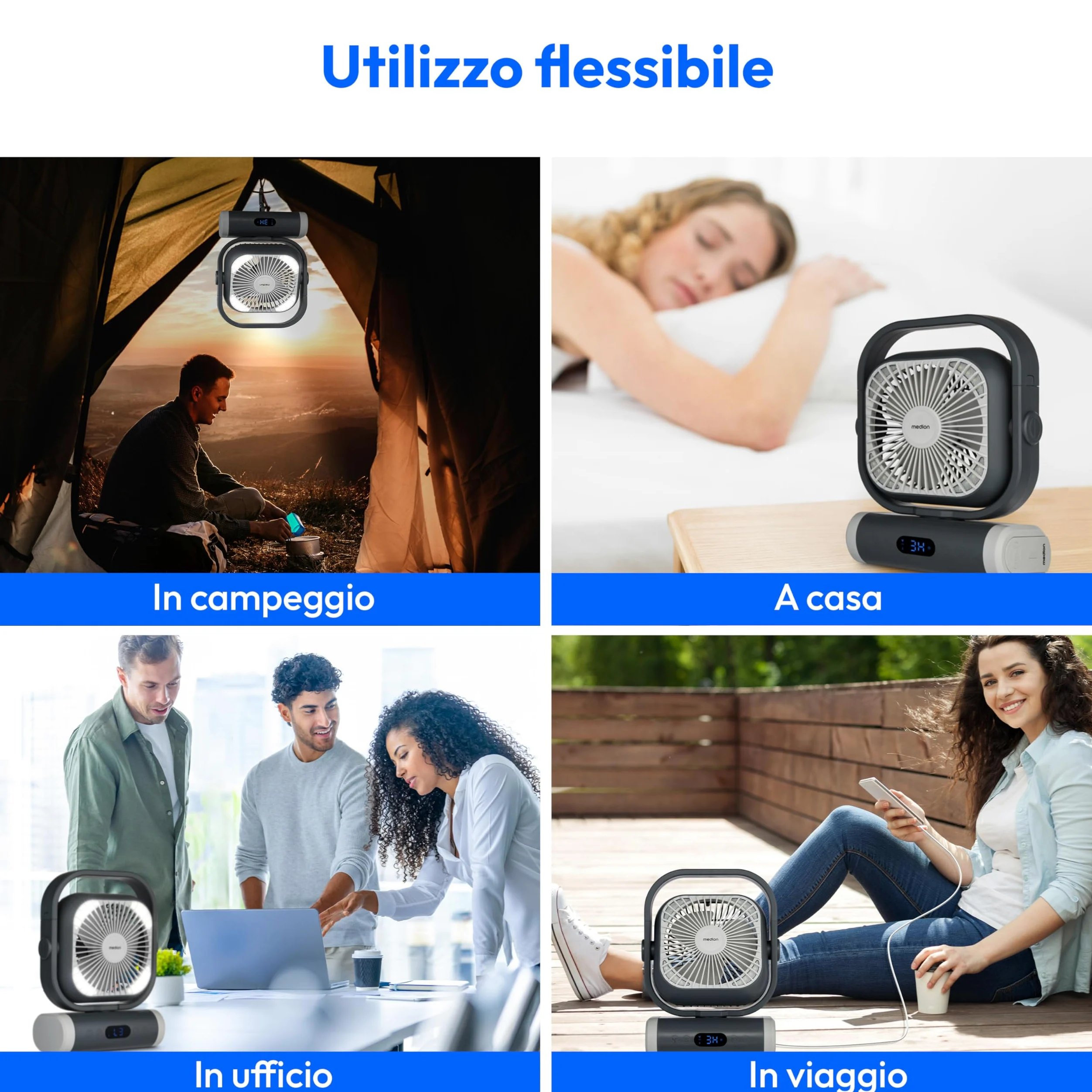 MEDION Ventilatore E10 TF (batteria, mini ventilatore USB portatile con luce, telecomando, 5 velocità, oscillazione, gancio per appendere, funzione powerbank, ideale per ufficio campeggio tenda)