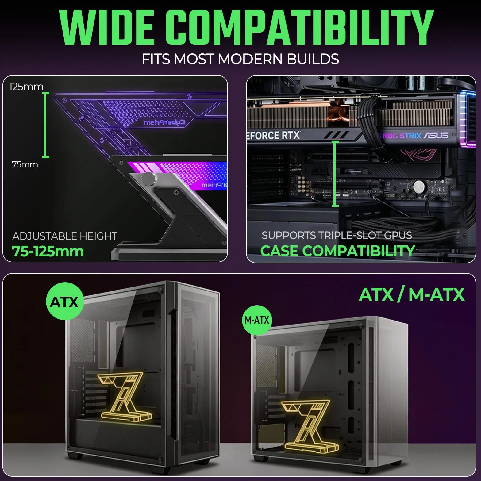 Supporto GPU ARGB, 75-125mm Supporto Scheda Grafica | Anti-sag per GPU triple slot, colonna in alluminio, base magnetica, ARGB 5V 3 pin, compatibile RTX 4090/5090