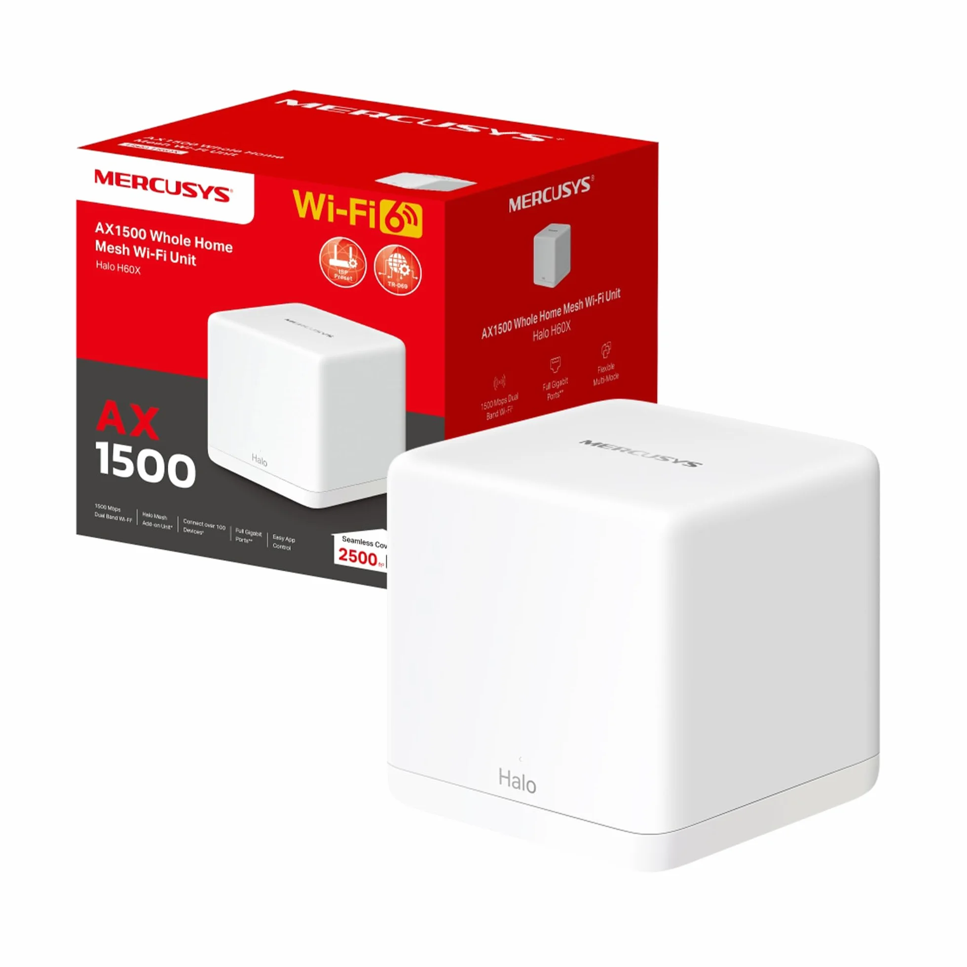Mercusys TP-Link Router Mesh WiFi 6 AX1500Mbps, 3 Porte Gigabit WAN/LAN, Controllo Parental, WiFi Mesh Router e AP, Connetti fino a 100 Dispositivi, Copertura fino a 230m², Halo H60X(1-pack)