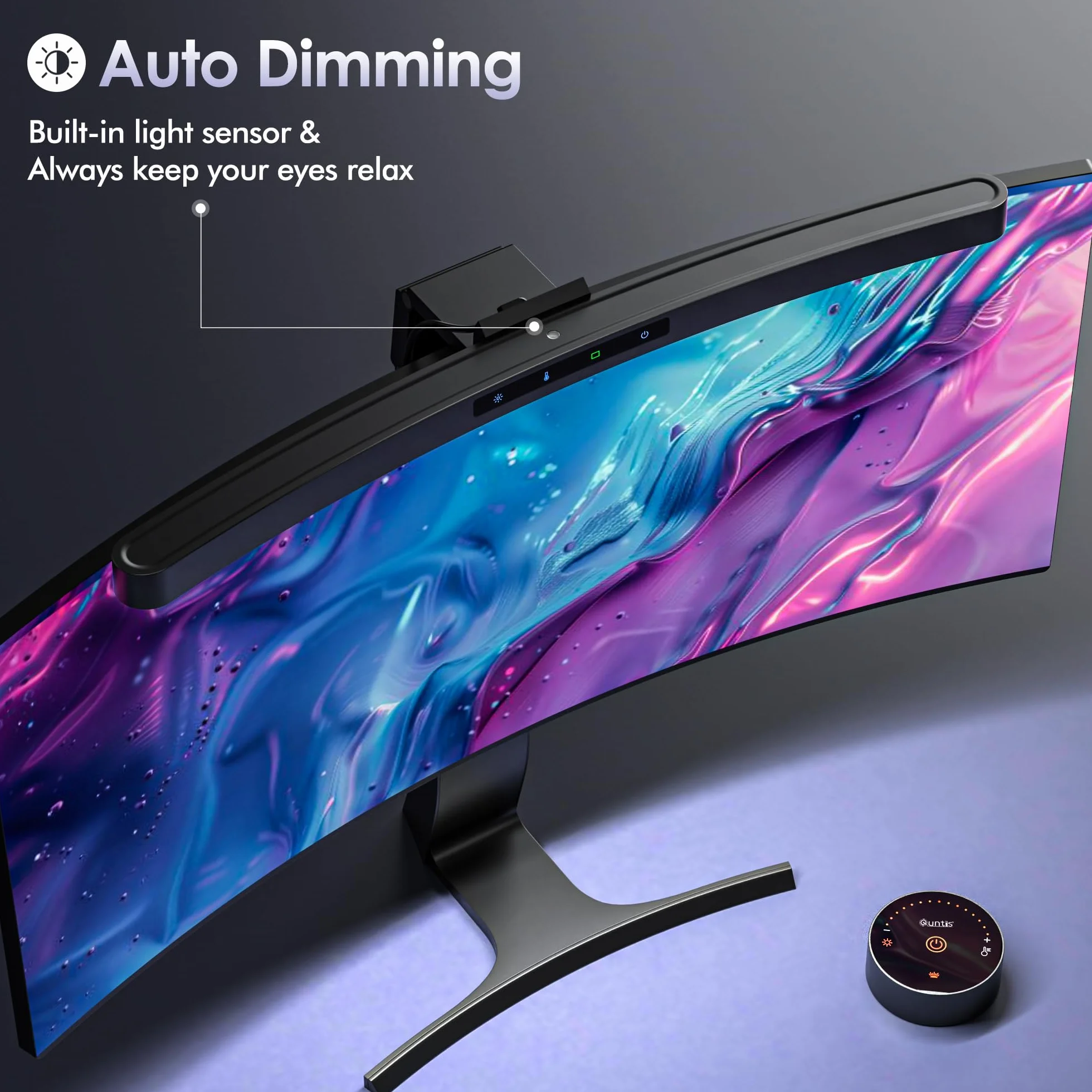 Quntis USB Lampada Monitor Curvo da 45CM con Controllo a Sfioramento e Telecomando, Luce Monitor con Oscuramento Automatico per la Cura Degli Occhi, Luce Anti-Blu, Antiriflesso, Salvaspazio