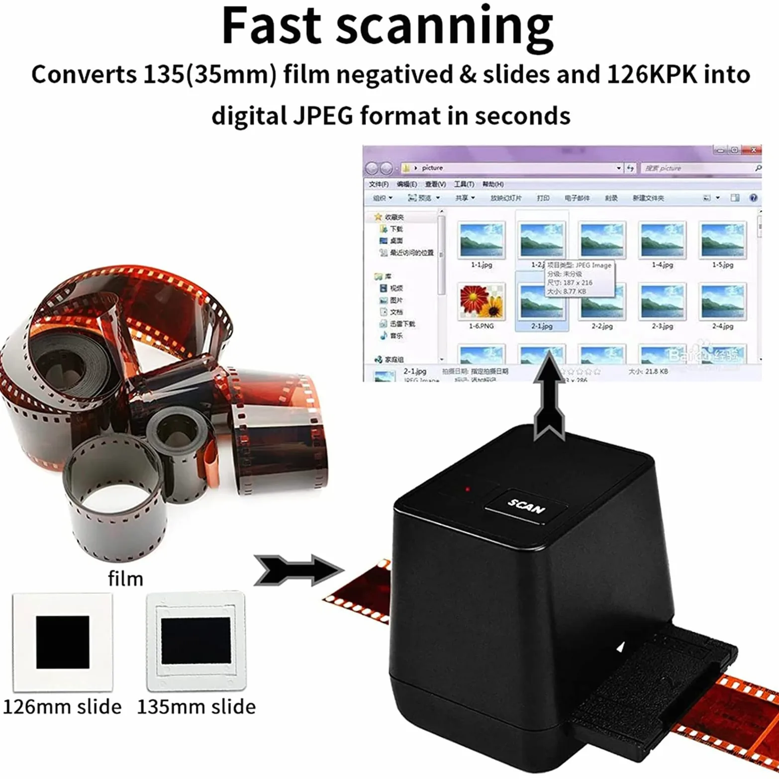 Visualizzatore per Scanner per Diapositive, Scanner per Diapositive per pellicole, Realizzato in Materiale ABS, Scanner per Negativi per pellicole 135 ad Alta Definizione da 17 Milioni, Portatile e