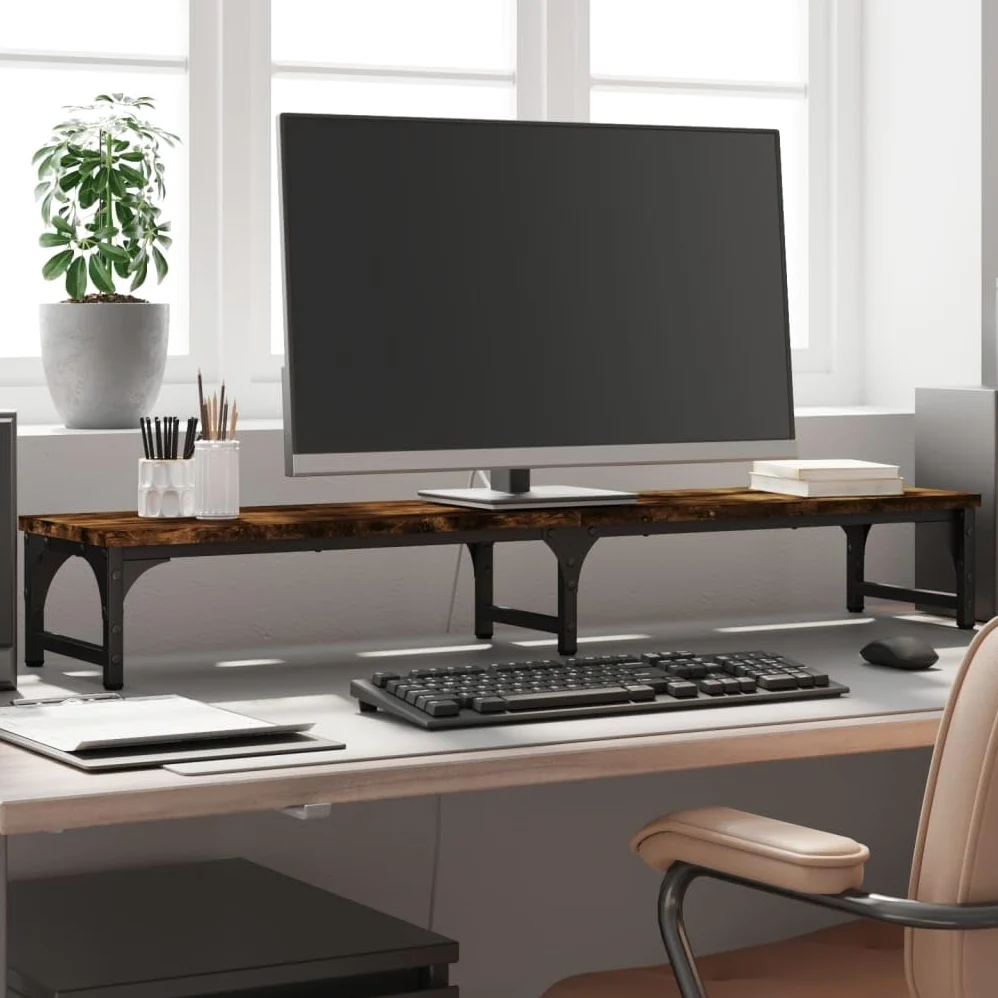 Supporto per monitor in legno di rovere affumicato, 105 x 23 x 15,5 cm, con gambe regolabili, rialzo ergonomico per un maggiore spazio sotto lo schermo