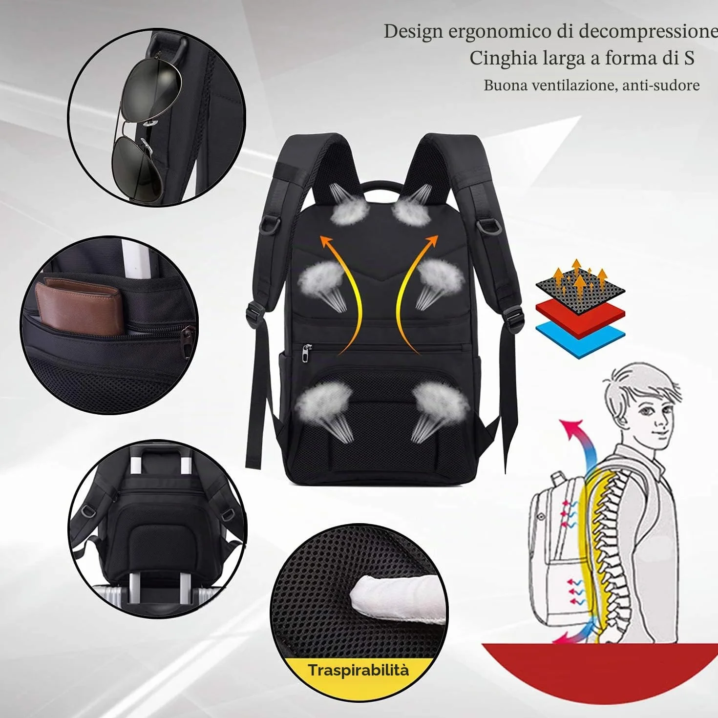 Zaino per computer portatile da 17 pollici di grande capacità da uomo impermeabile antifurto Zaino per PC portatile con USB Charging Port Zaino funzionale per viaggi d'affari college donna