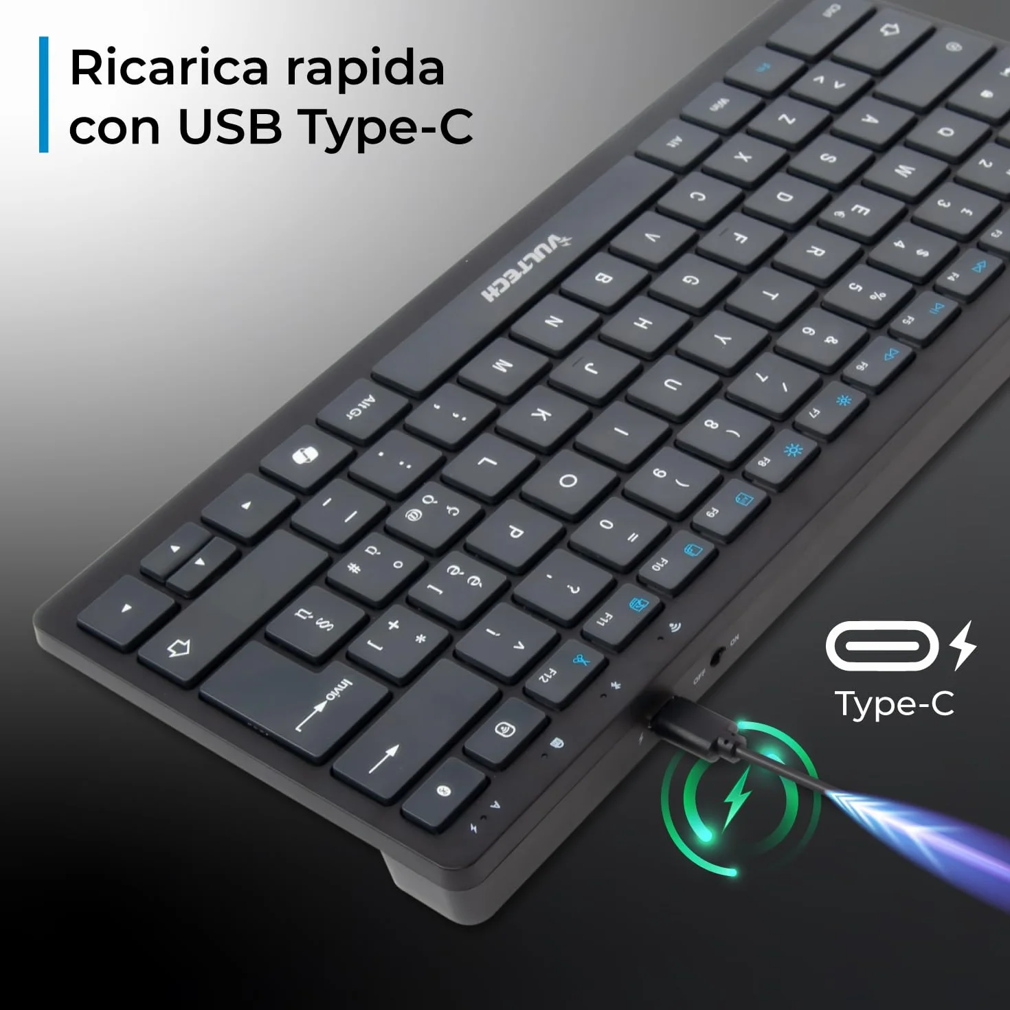 Tastiera Wireless Bluetooth Ricaricabile KEY-601WBT Layout Italiano QWERTY Ultraslim 80h Tasti Silenziosi