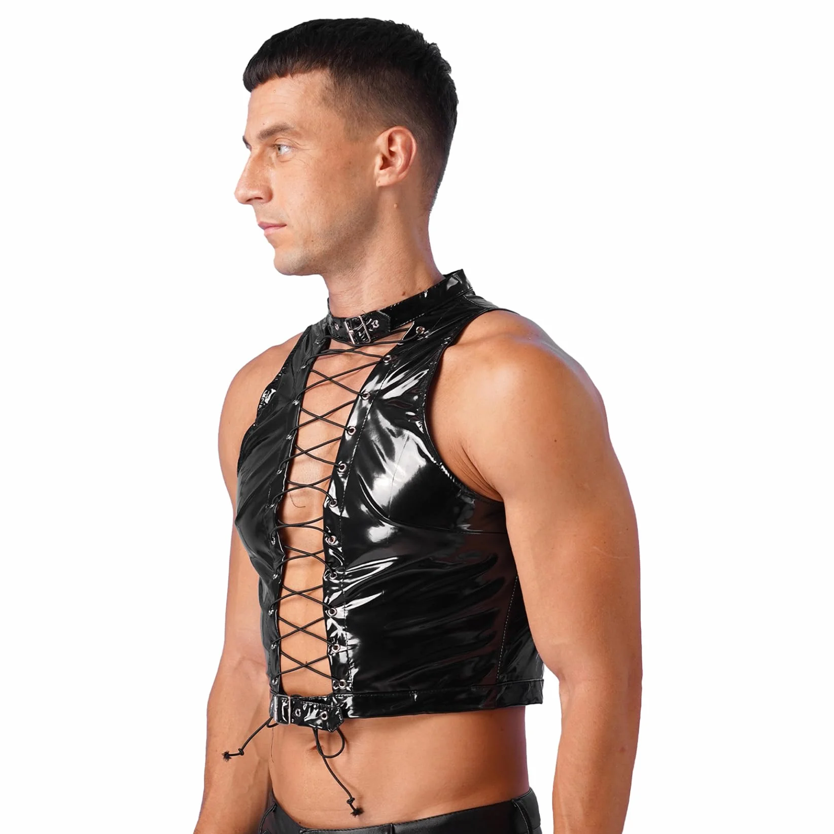 Sexy Crop Top in Pelle Verniciata Uomo Canottiera Bandage Slim Fit Tshirt Wetlook Erotico Lingerie Imbracatura Gay Abbigliamento da Club