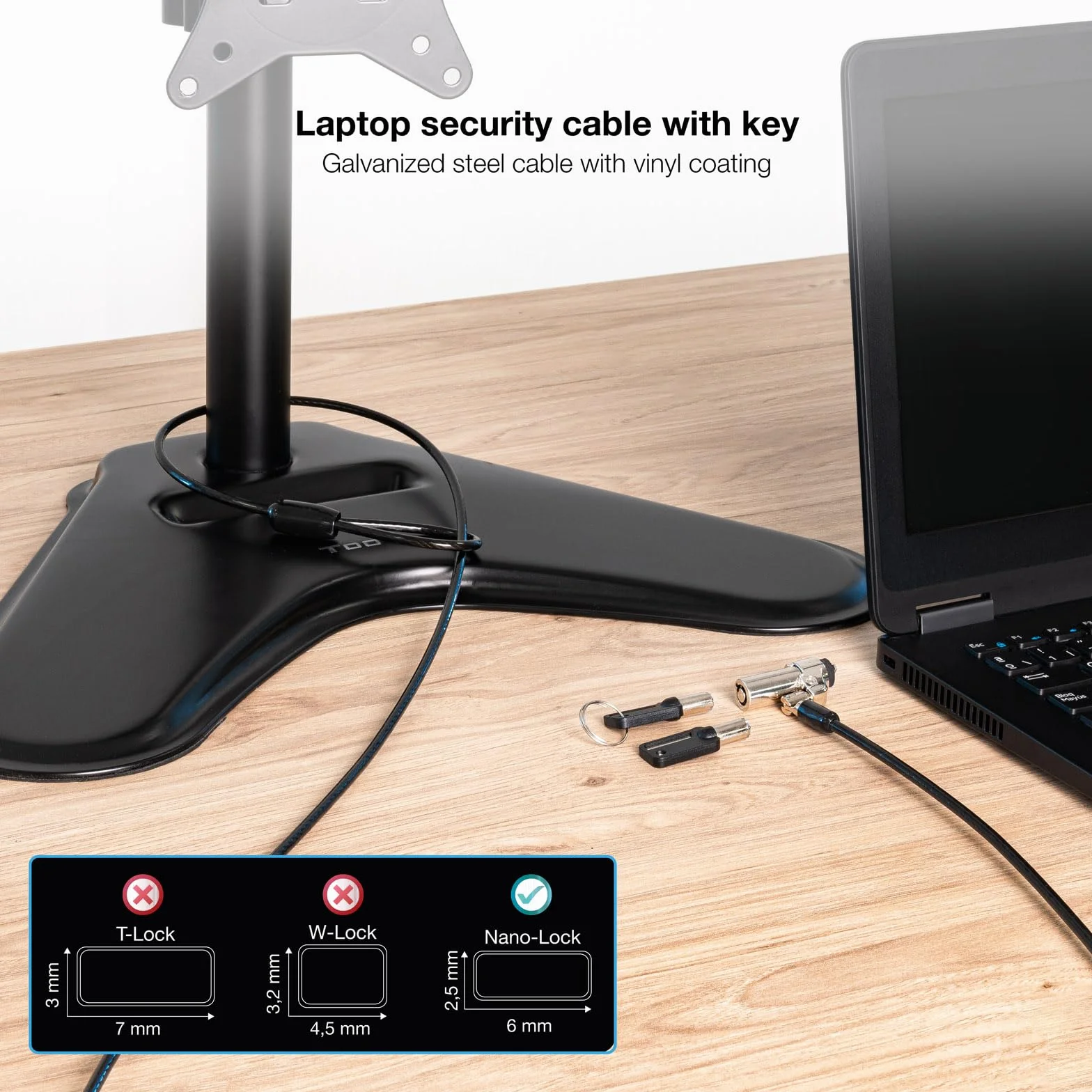 TOOQ TQCLKC0045-G - Cavo di sicurezza con slot tipo Nano con chiave per laptop 1,5 metri, Grigio scuro