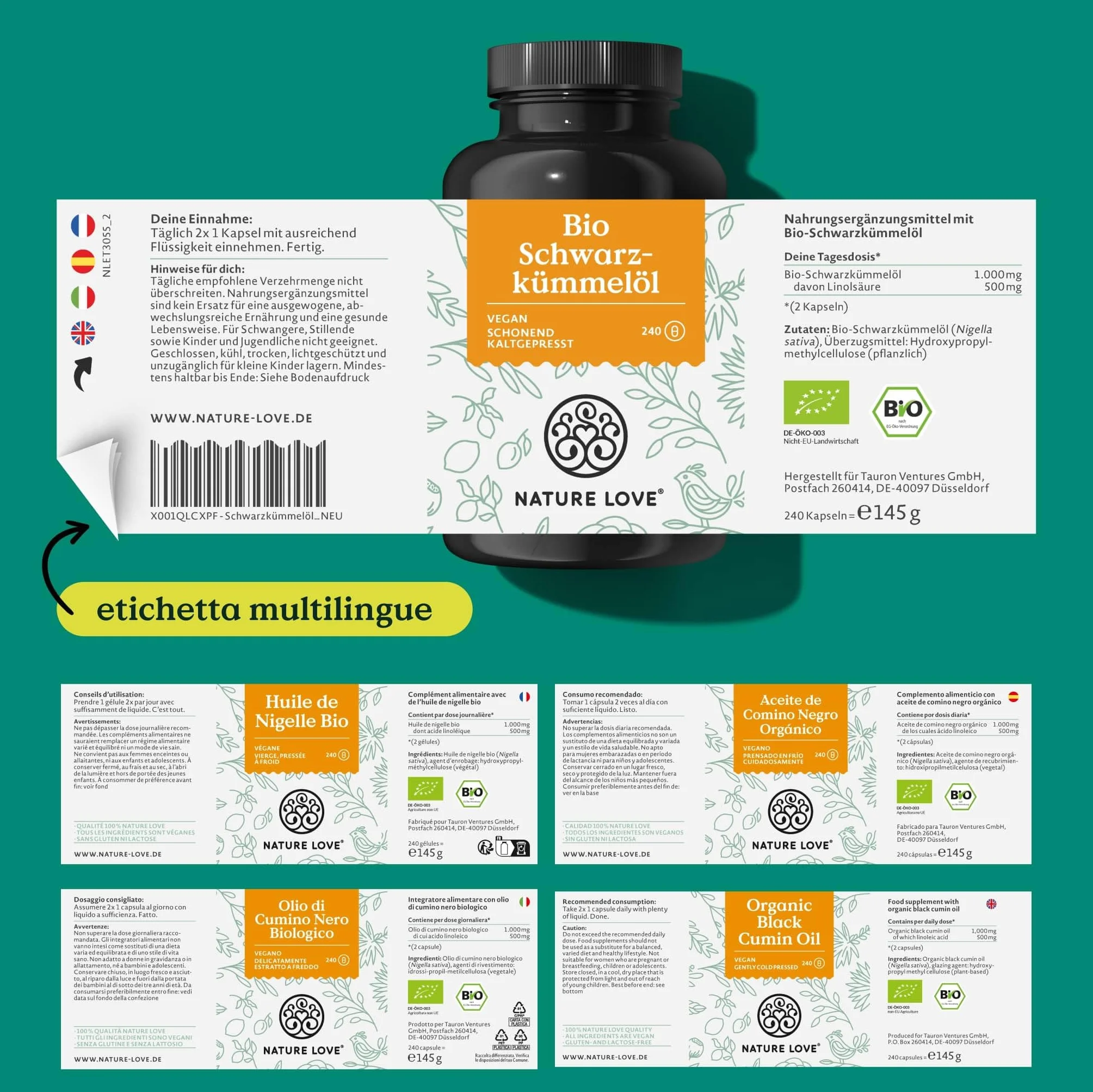 NATURE LOVE® Olio di Cumino Nero Biologico 1000mg 240 Capsule Vegane Nigella Sativa