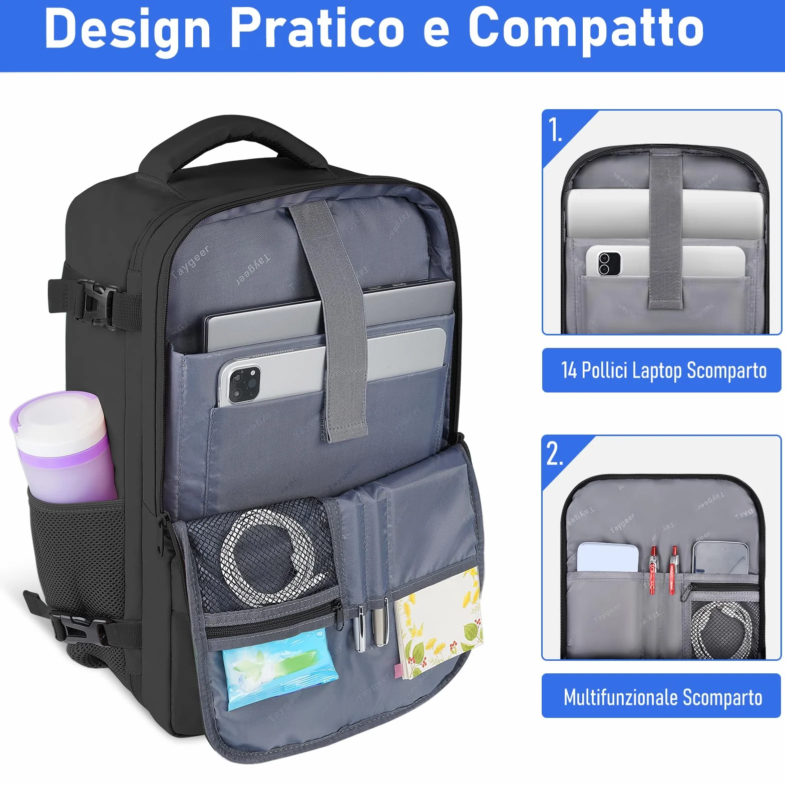 Taygeer Zaino 40x30x20 per Ryanair e Wizzair, Zaino da Viaggio Aereo Bagaglio a Mano Piccolo con Portascarpe, Borse da Cabina Uomo Donna Impermeabile Zaini Porta PC 14 Pollici per Scuola Lavoro, Nero