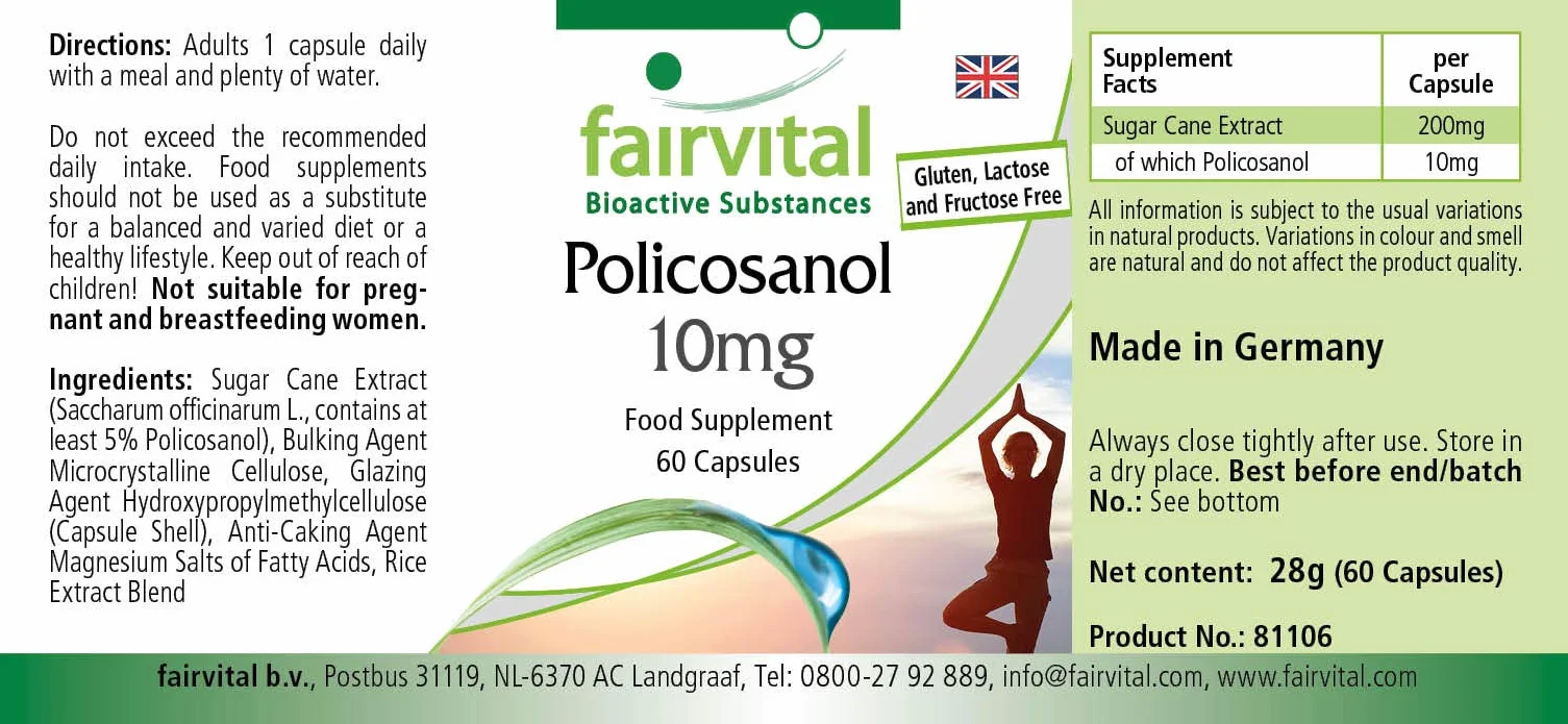 Fairvital Policosanol Capsule 10 mg, 60 Capsules, Alto Dosaggio, Vegane