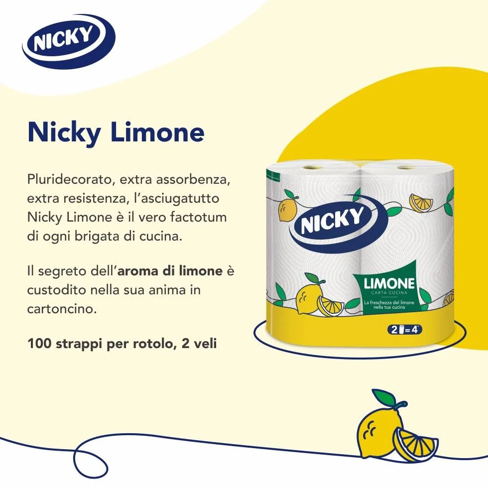 Nicky Limone Carta Cucina 2 Rotoli 100 Fogli Assorbenti 2 Veli Spessa Resistente Fresco Profumo Limone Certificata FSC