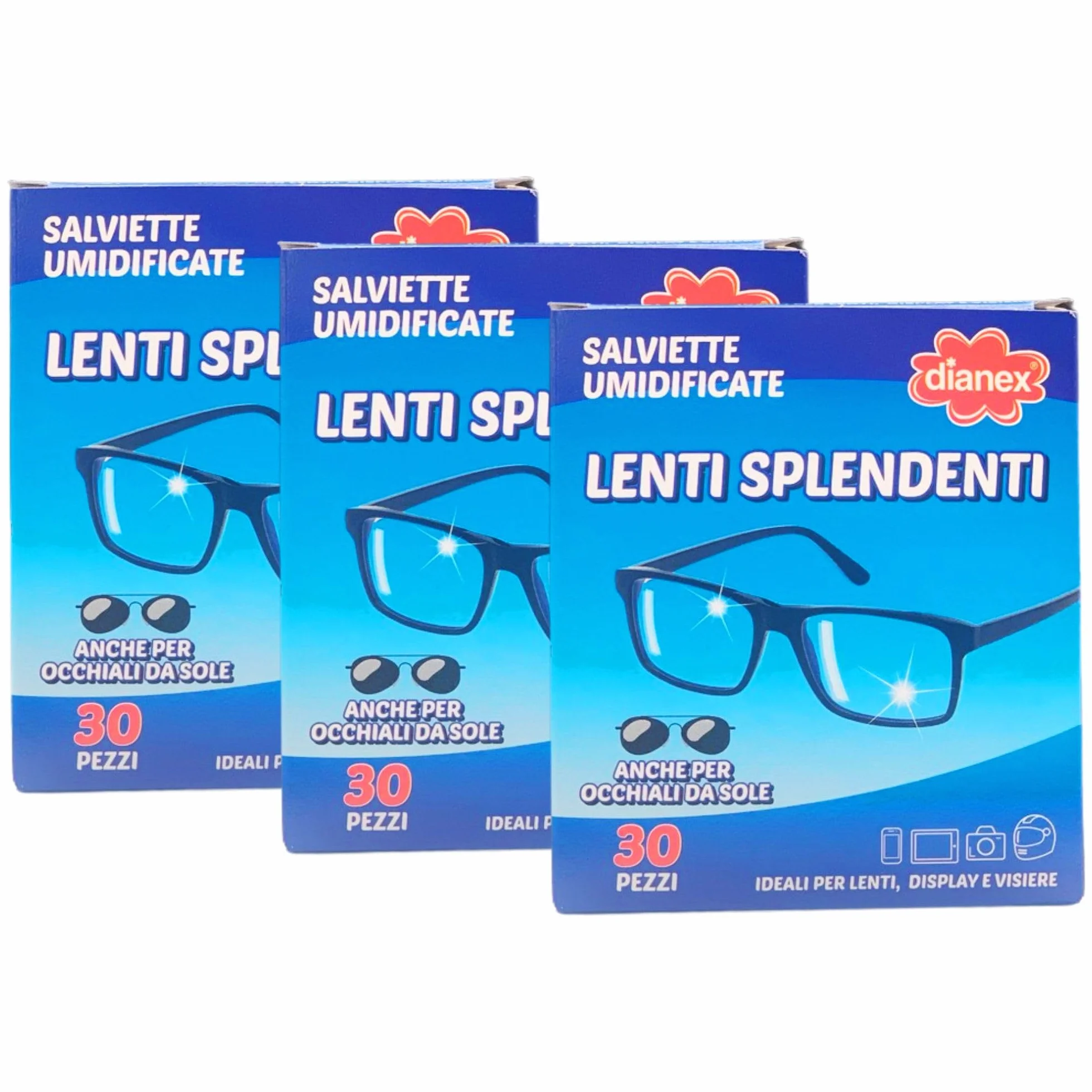 Salviette Umidificate Detergenti Per Occhiali LENTI SPLENDENTI 30 Salviette (3 Confezioni)