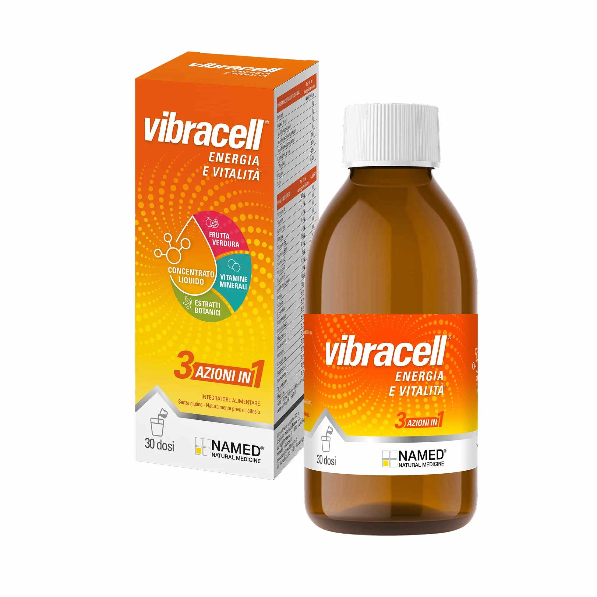 NAMED Vibracell Integratore Alimentare Concentrato Liquido Succhi Frutta Verdura Estratti Botanici Vitamine L-Carnitina Pappa Reale 300 ml