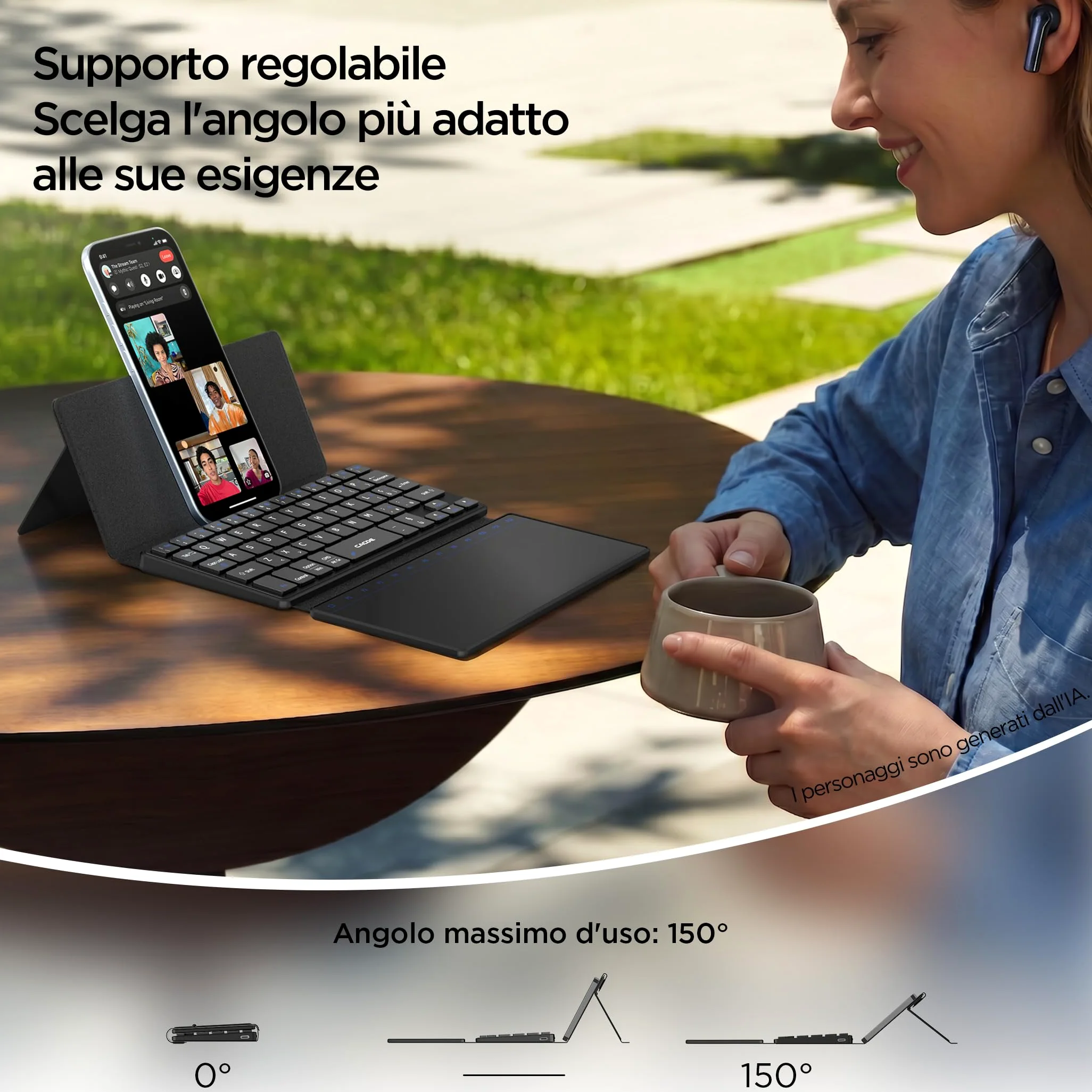 CACOE Mini Tastiera Bluetooth a Doppio Canale con Touchpad | Wireless Tastiera per QWERTY, Ultra-Sottile e Portatile con Supporto per Smartphone (iOS, Android, Windows), Nera