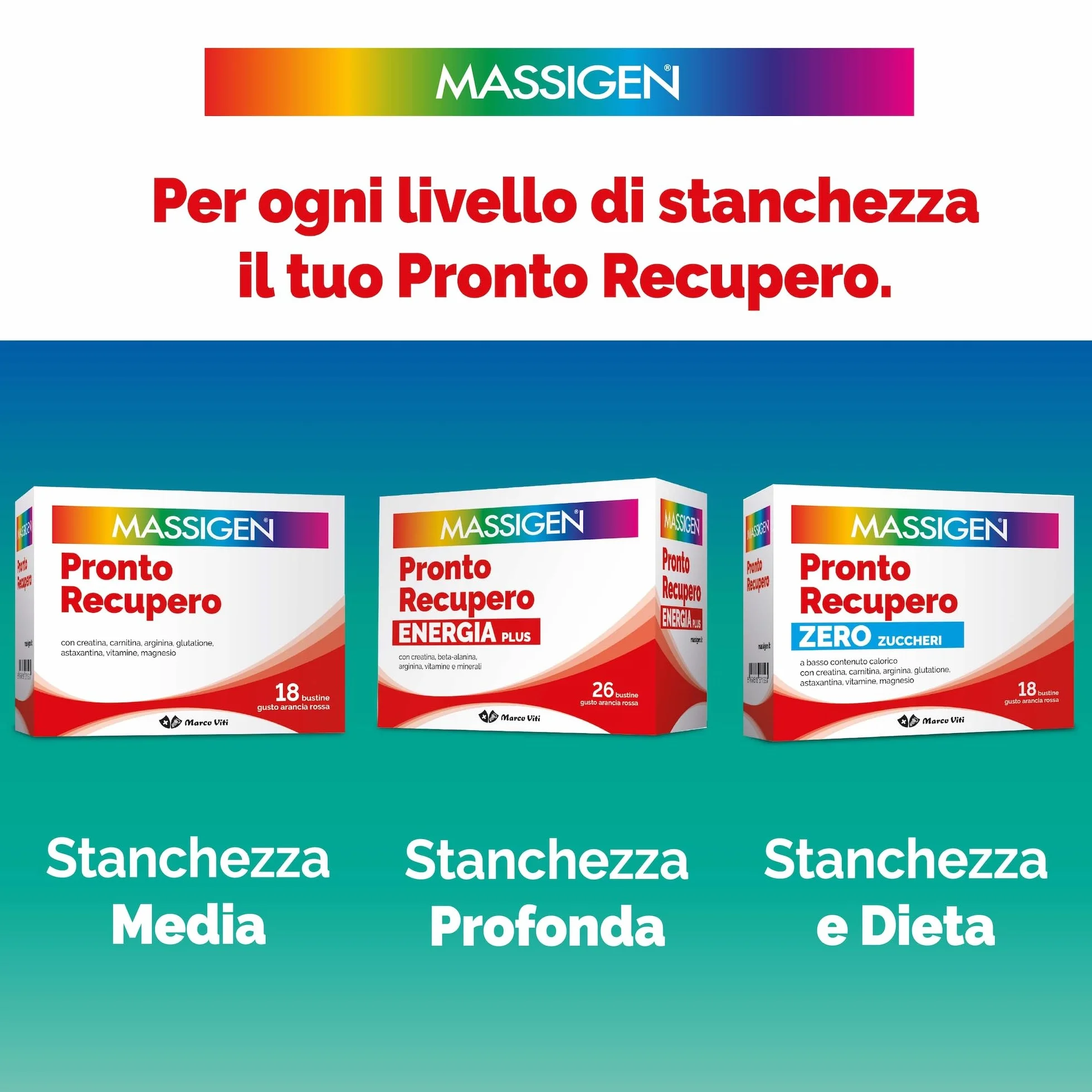 MASSIGEN Pronto Recupero Zero Zuccheri Integratore Tonico Energetico con Carnitina Creatina Arginina 14 Bustine