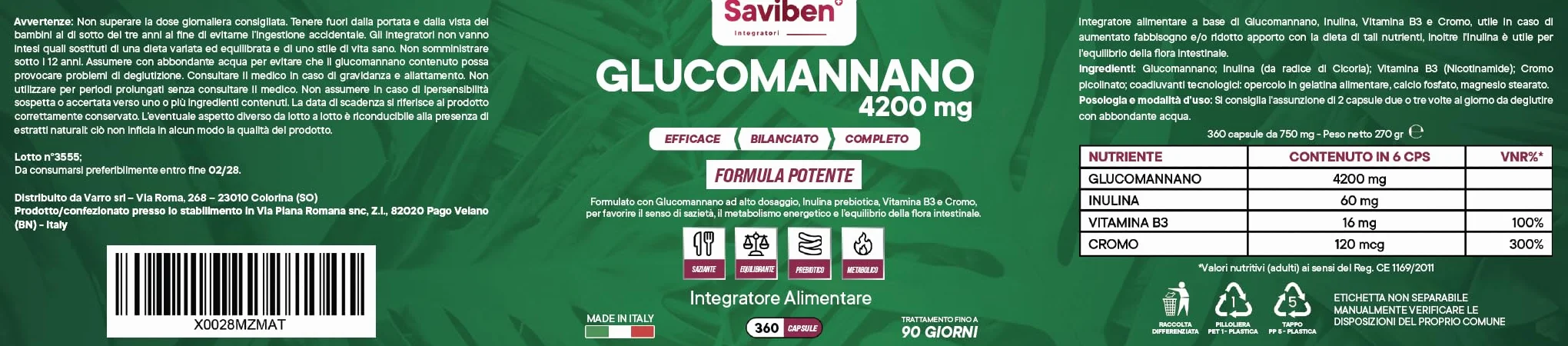 Glucomannano Forte 4200mg 360CPS Perdita di Peso Soppressore dell’Appetito con Inulina Cromo Vitamina B3