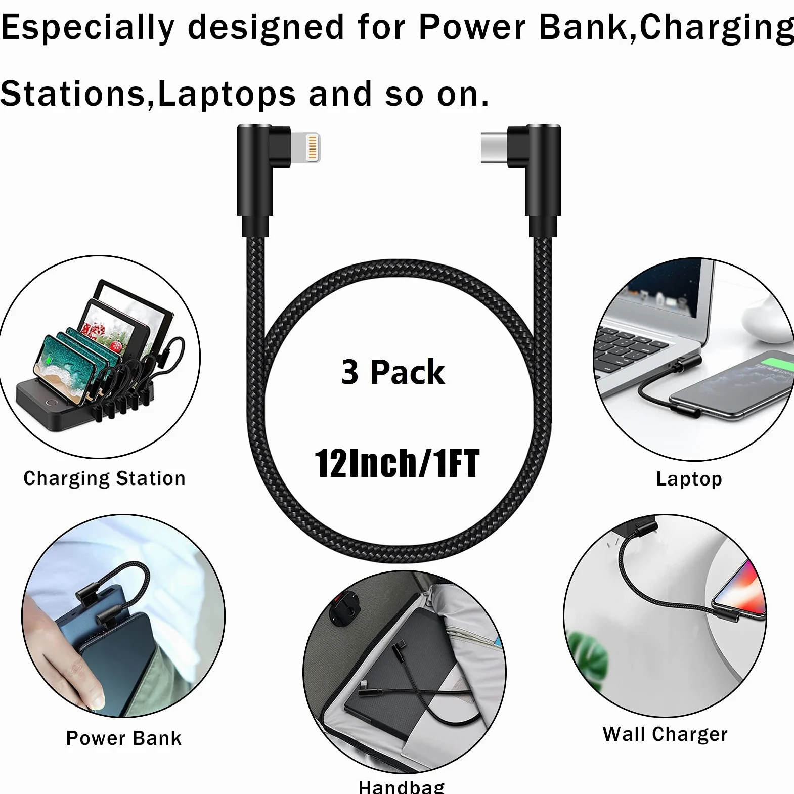 Cavo da USB C a Lightning da 0,3 m, confezione da 3 pezzi, certificato MFi, ad angolo retto, per iPhone 13, 12, 11, Pro, X, XS, XR, 8 Plus, 7, 6, 5 (nero)