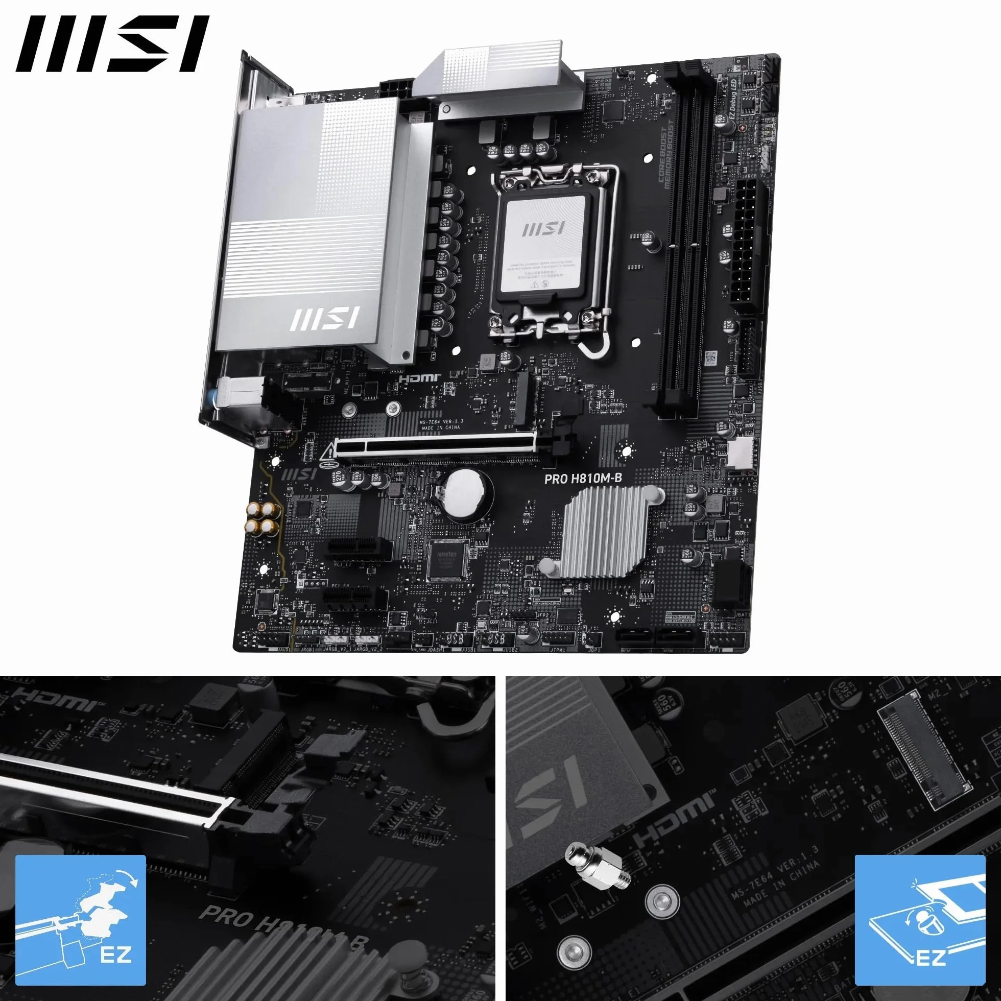 MSI PRO H810M-B Scheda Madre mATX – Supporta Intel Core Ultra (Serie 2) LGA 1851 – DDR5 Memory Boost (6400 MT/s MAX), PCIe 5.0 x16, M.2 Gen4, LAN 2.5G