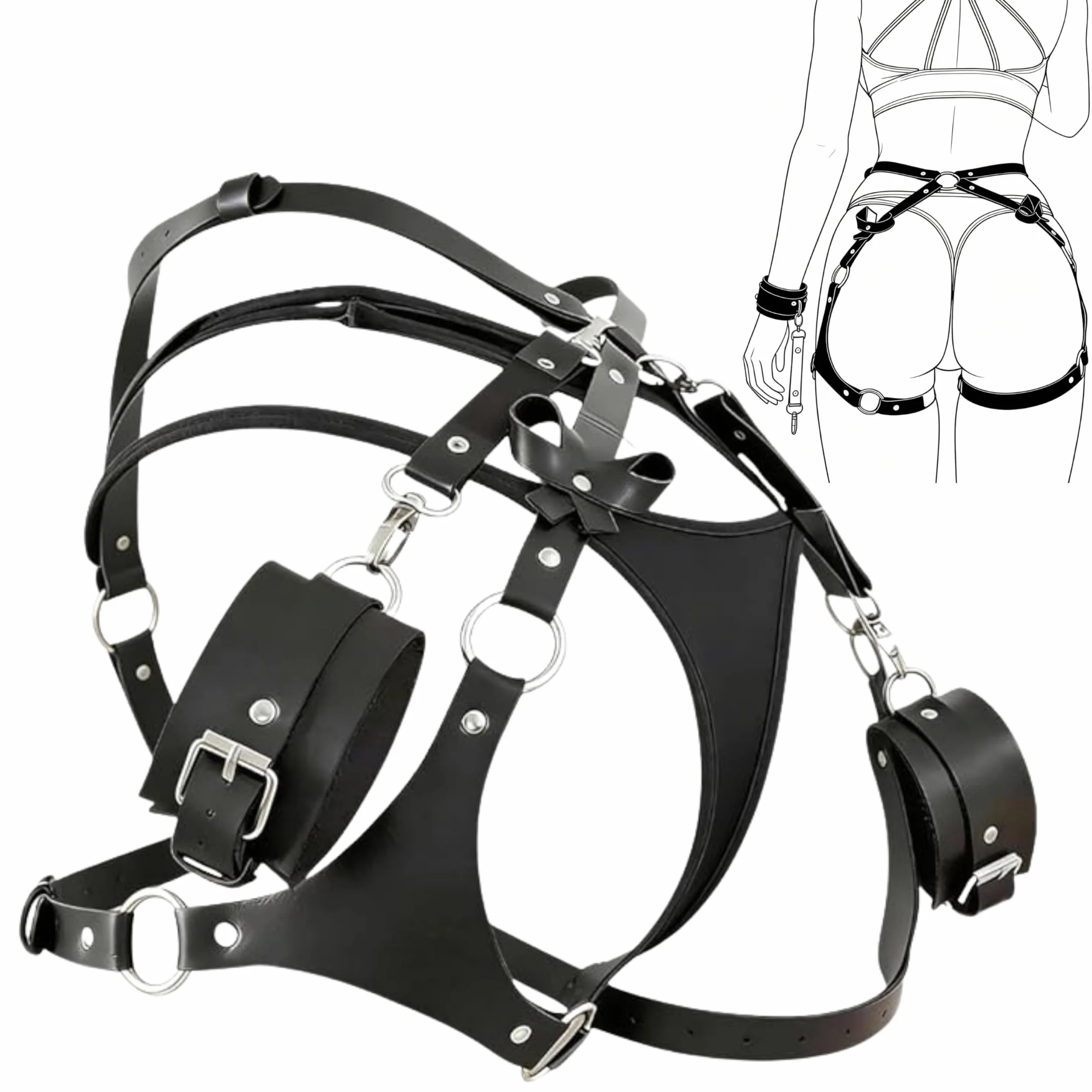 FOPS BDSM Sensual Set Manette Cintura Bondage Regolabile PU Cinghie Cosce Catene Metalliche Coppie B64