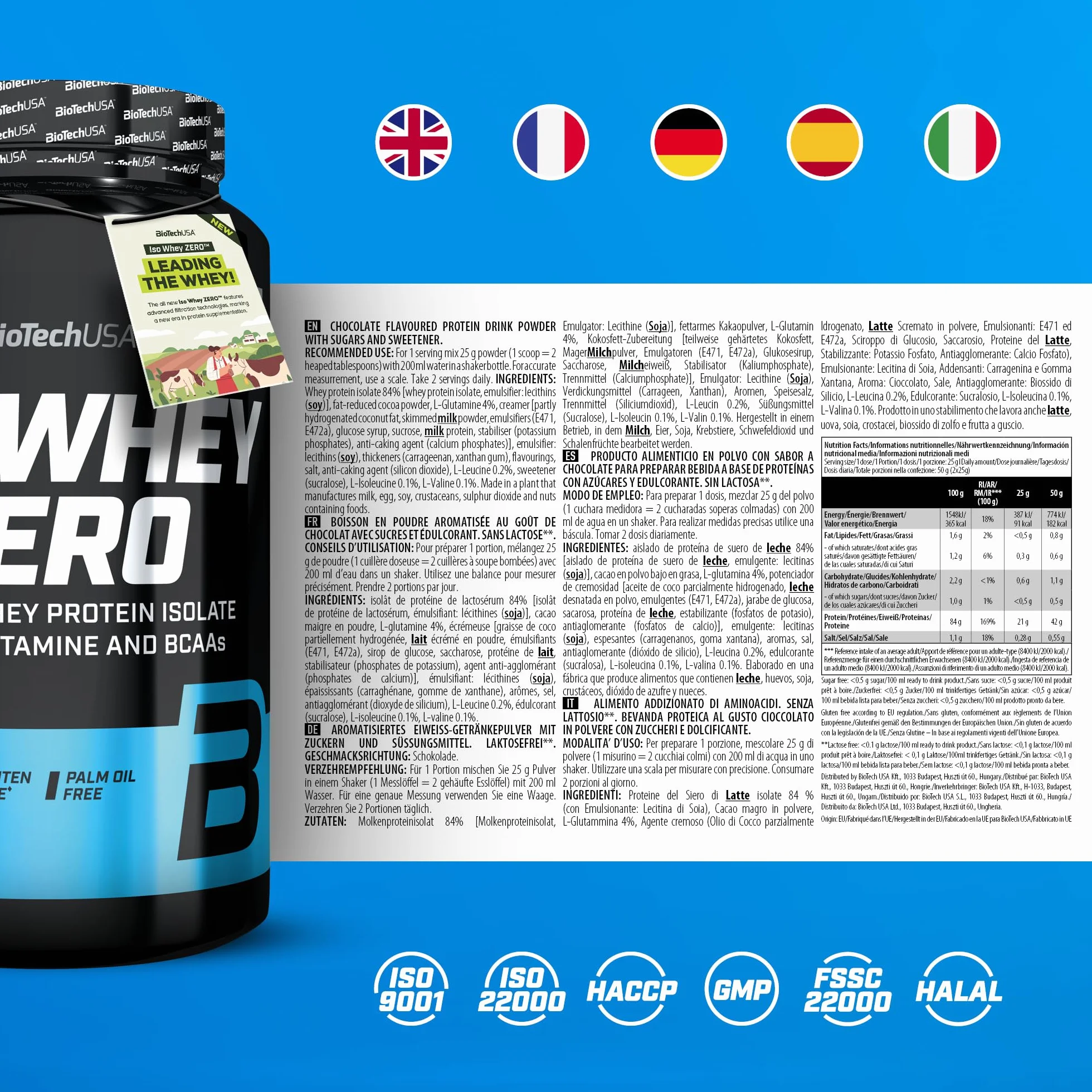 BioTechUSA Iso Whey Zero Premium Whey Protein Isolate Grass-Fed Sugar-Free Gluten-Free 908 g Cioccolato