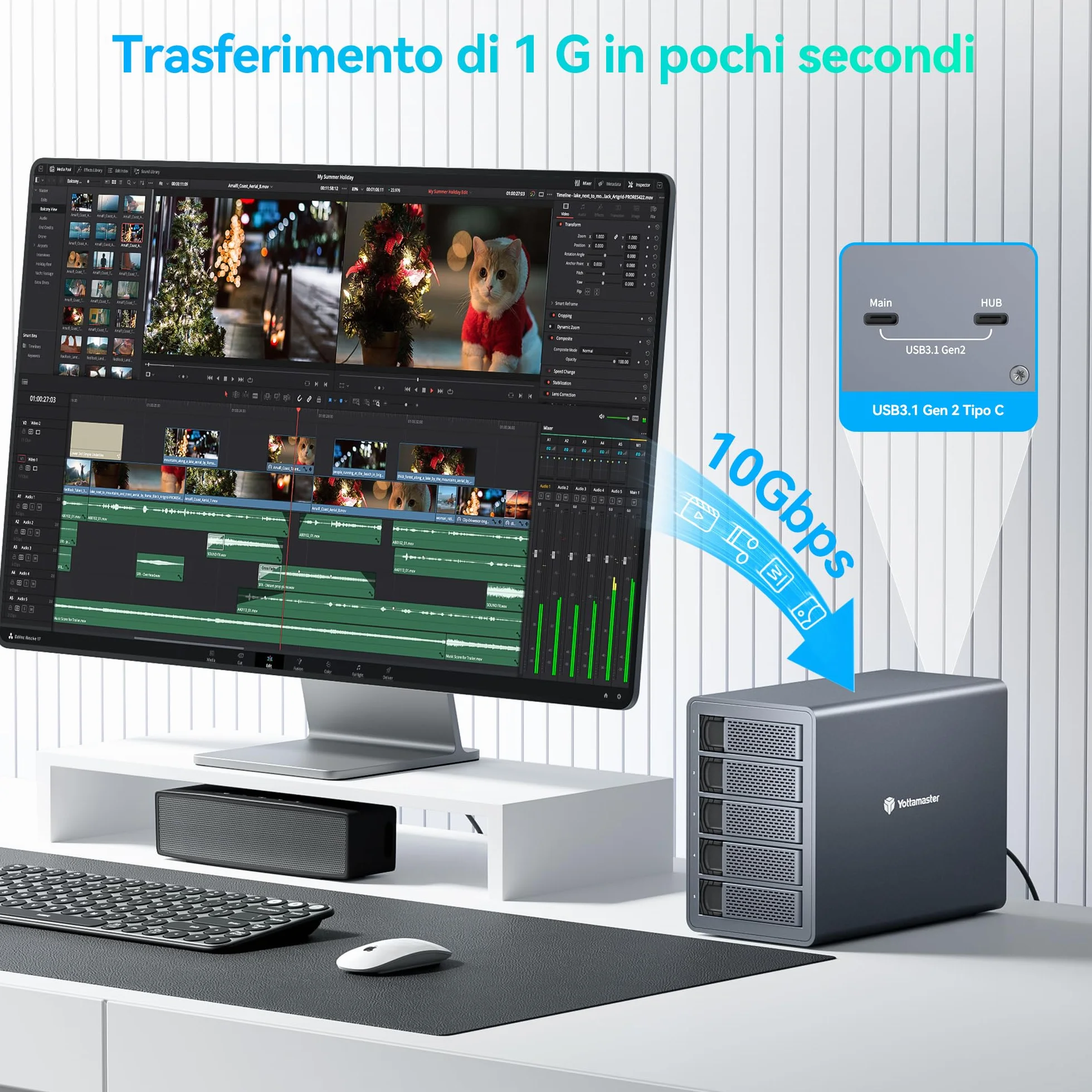Yottamaster 10Gbps 5 Bay HDD Case Esterno Daisy Chain Type-C per 2.5/3.5 HDD SSD Supporto 24TB