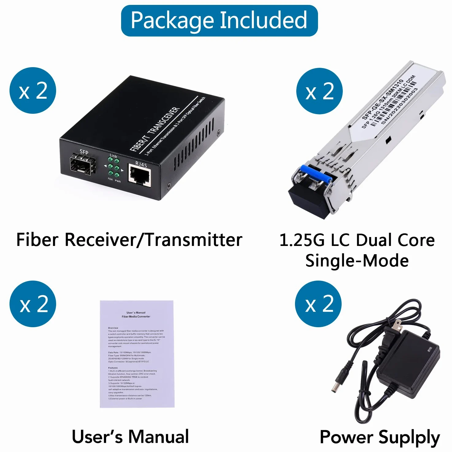 Un paio di convertitori multimediali Ethernet da 1,25 G/s Bidi Gigabit in fibra ottica con 2 moduli ricetrasmettitori Bidi SFP LC inclusi, SX SMF RJ45 a slot SFP fino a 30 KM