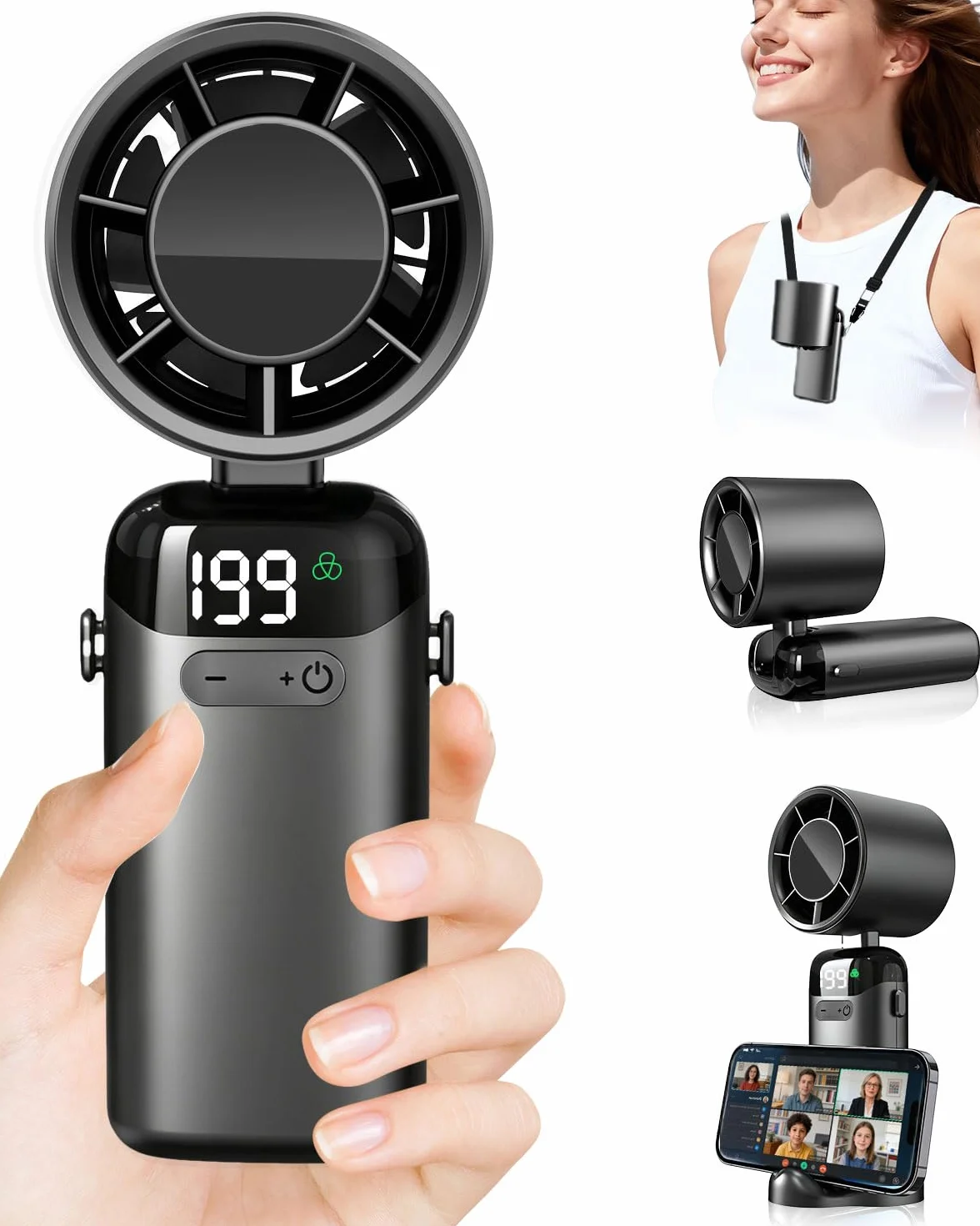 Kouric Ventilatore Portatile Turbo USB Ricaricabile, Pieghevole con Display LED e Supporto Telefono, 3500mAh Autonomia 10 Ore, Ventilazione Continua 1-199, Fresco Personalizzato per Viaggio e Ufficio
