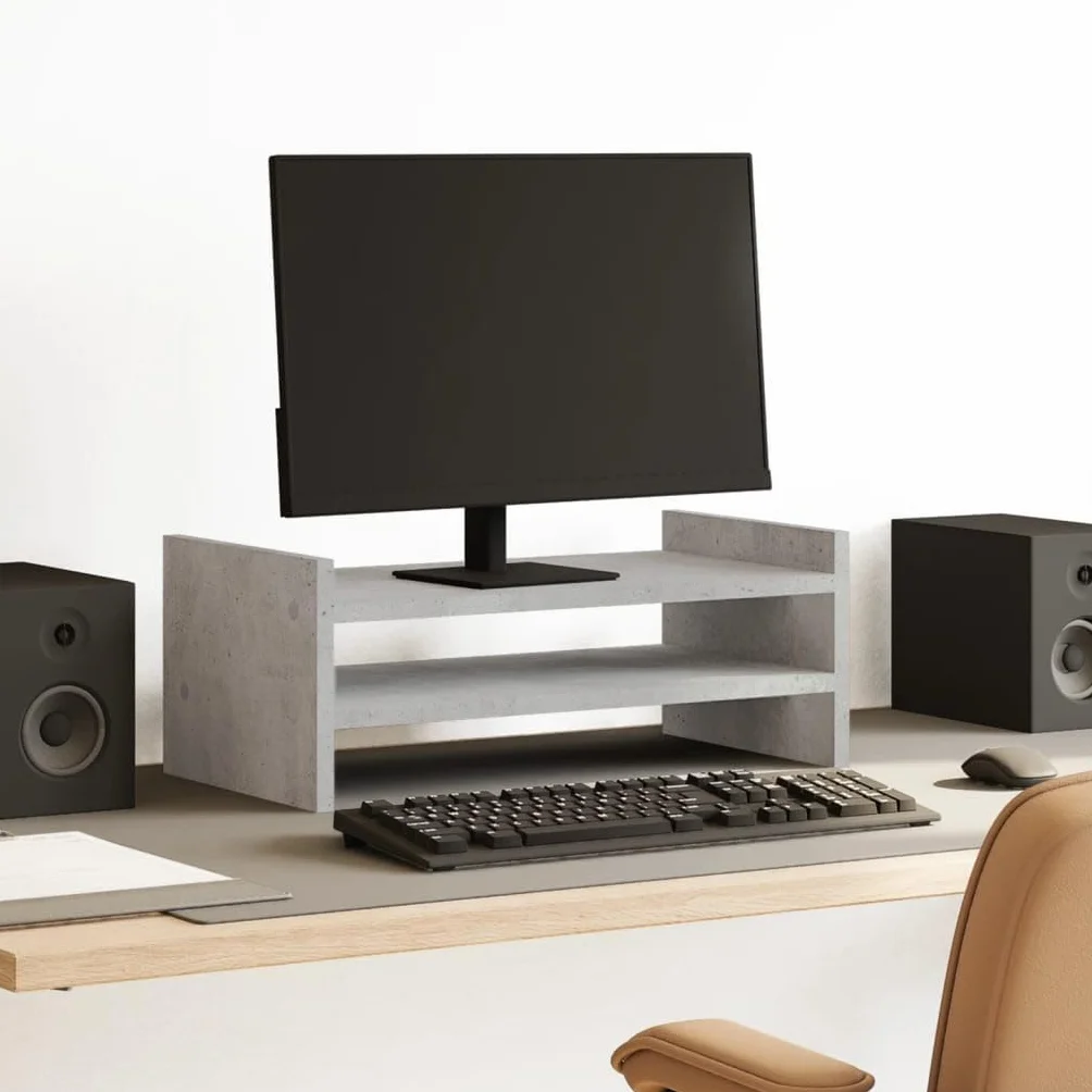 Supporto per monitor in legno grigio cemento, 50 x 27 x 20 cm, per scrivania per computer, scrivania, supporto per laptop, monitor con 2 ripiani, per ufficio e home office