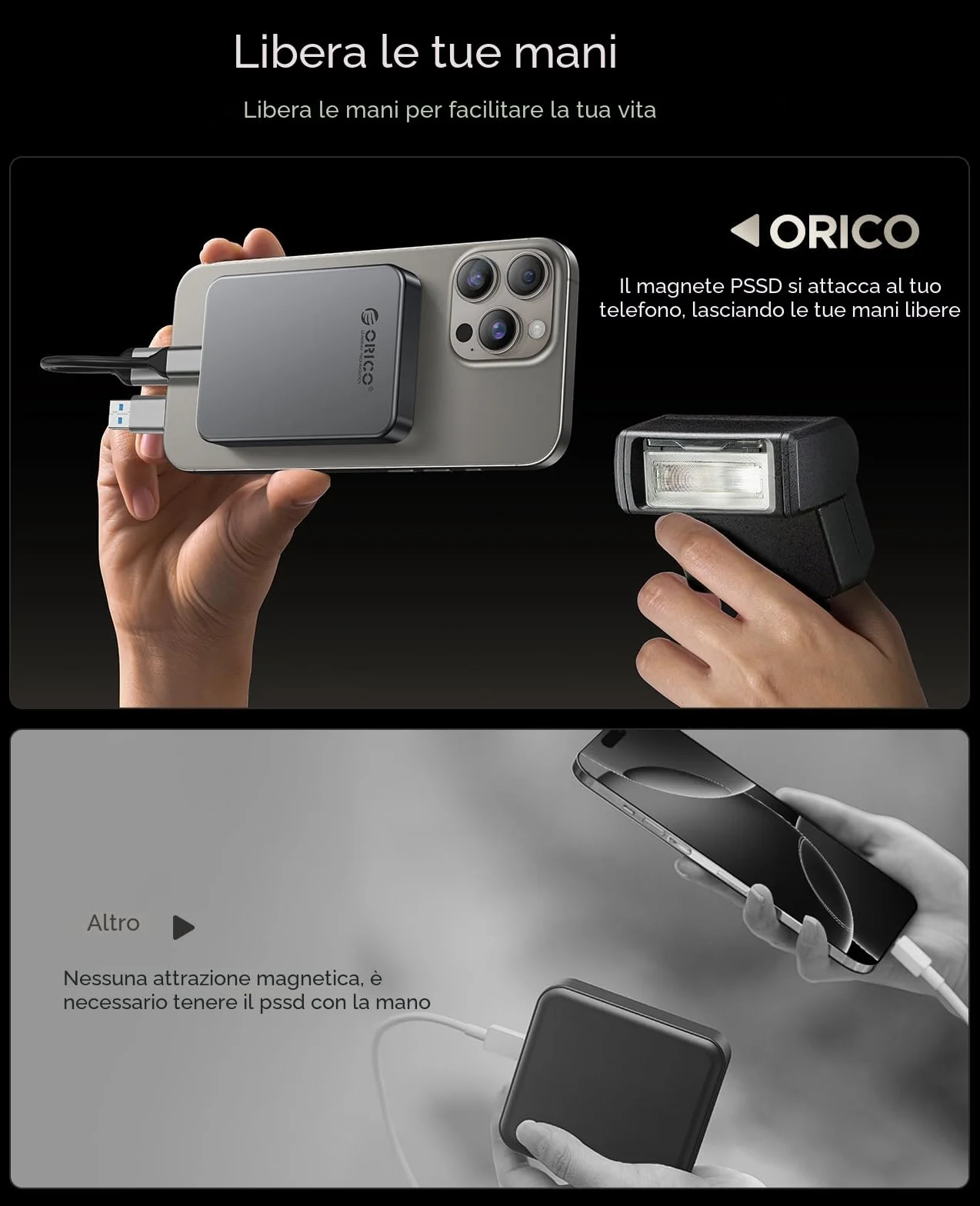 ORICO 1 TB Magnetic Portable SSD, 4K 120 fps ProRes HDR Record and Store, USB3.2 Gen1 Fino a 460MB/s, Cavo USB C&A 2 in 1, SSD esterno compatibile con iPhone 16/15 Pro Max, Tablet, Computer - K5PLUS