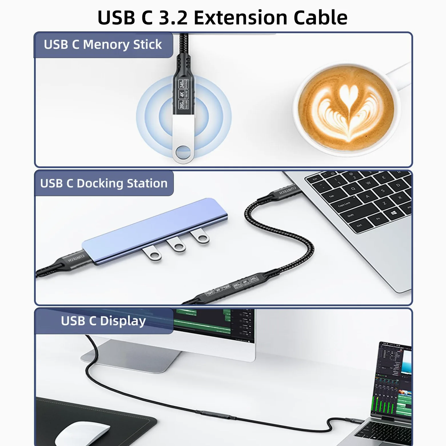 Cavo di prolunga USB C 3.2 da 20 Gbps, confezione da 2, ricarica rapida da 240 W 4K a 60 Hz, trasferimento dati 20 Gbps per Thunderbolt 4/3, per iPhone 15, iPad, Samsung Galaxy S24/S23, telefono,