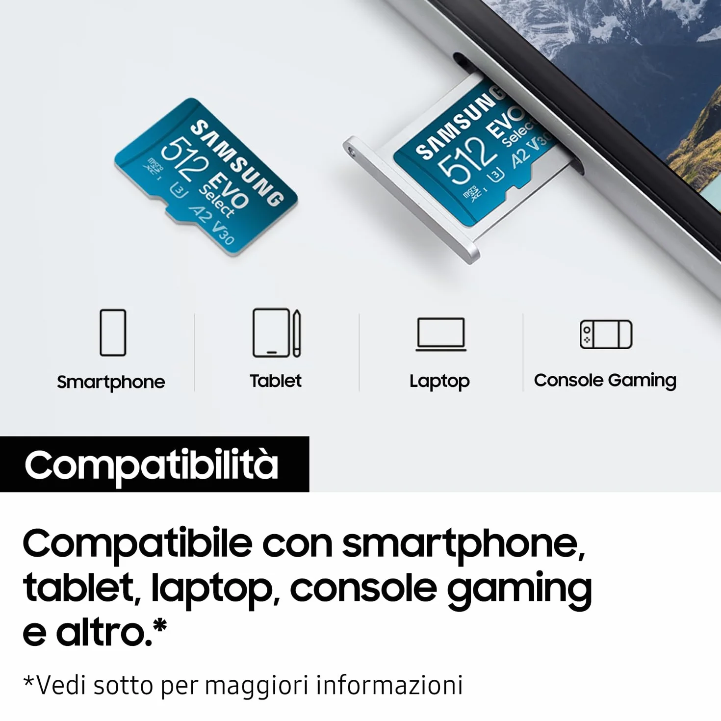 Samsung Memorie EVO Select Scheda MicroSD da 512GB, UHS-I U3, fino a 160 MB/s, compatibile con Smartphone, Tablet, Console Gaming, GoPro
