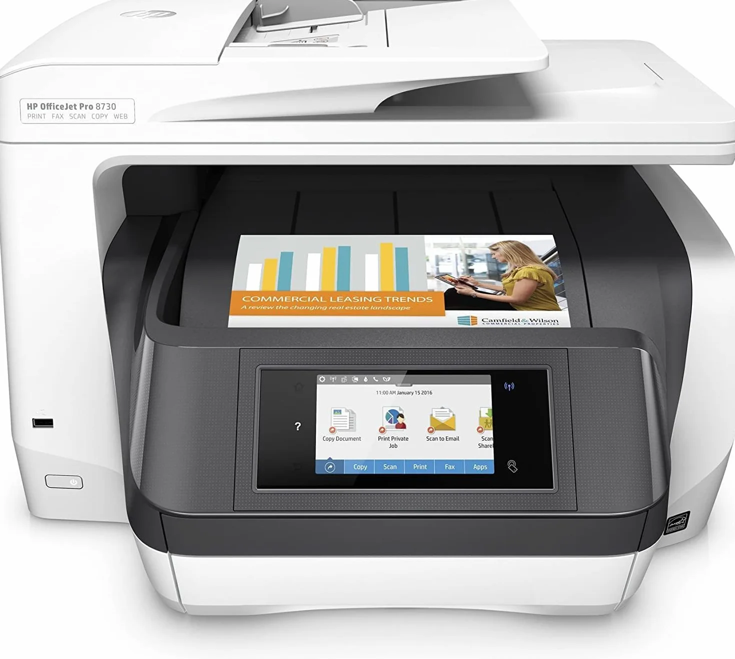 HP OfficeJet Pro 8730 D9L20A, Stampante Multifunzione A4 a Getto di Inchiostro, Stampa fronte/retro automatica, 36 ppm, Scansiona, Copia, Fotocopia, Fax, USB, Wi-Fi, Ethernet, HP Smart, Bianca