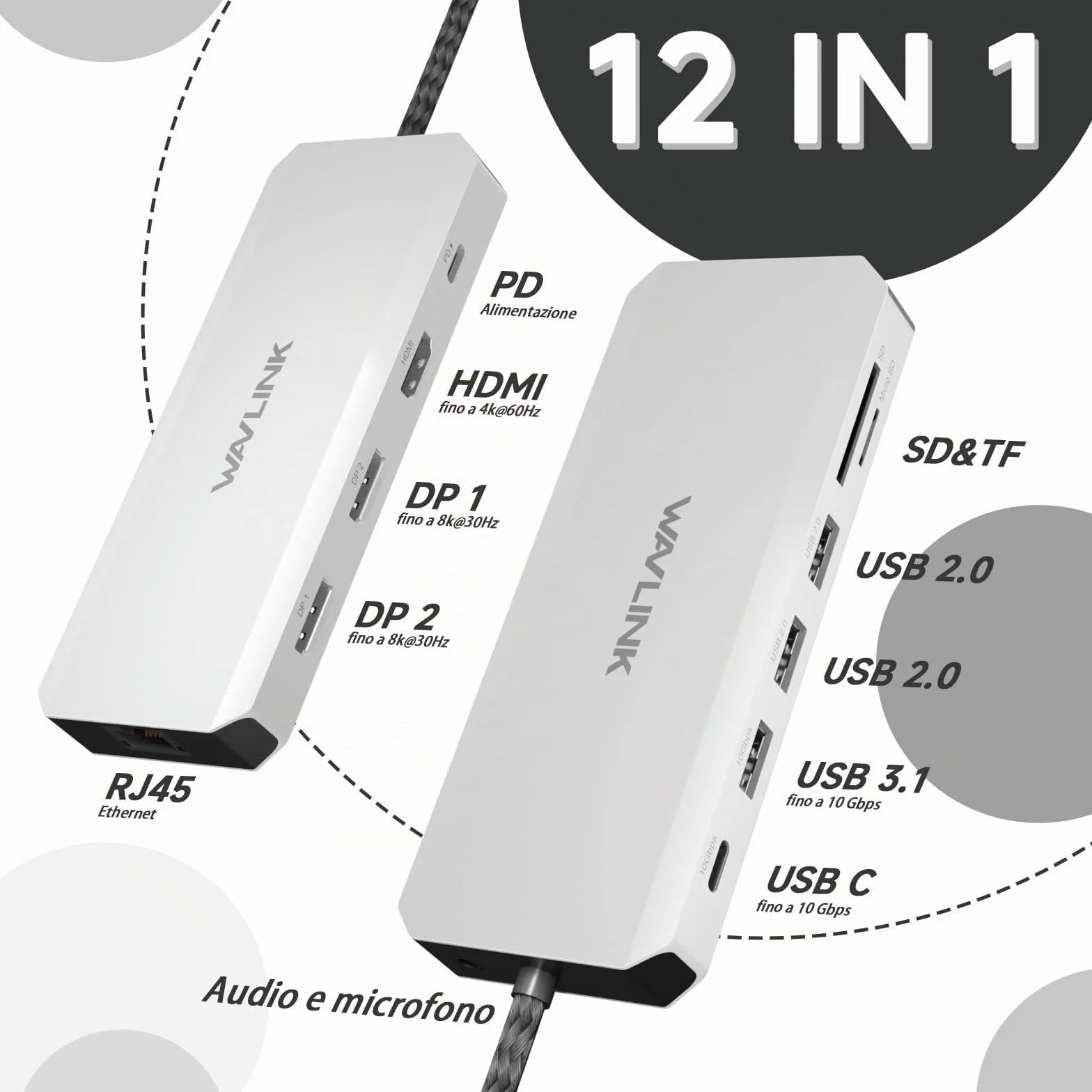 WAVLINK Stazione docking per computer portatili, Displayport Docking Station con doppio DP, HDMI, 100W PD IN, 10Gbps USB A/C, porta Ethernet 2.5G per Dell/HP/Lenovo ecc, solo computer Windows Systerm
