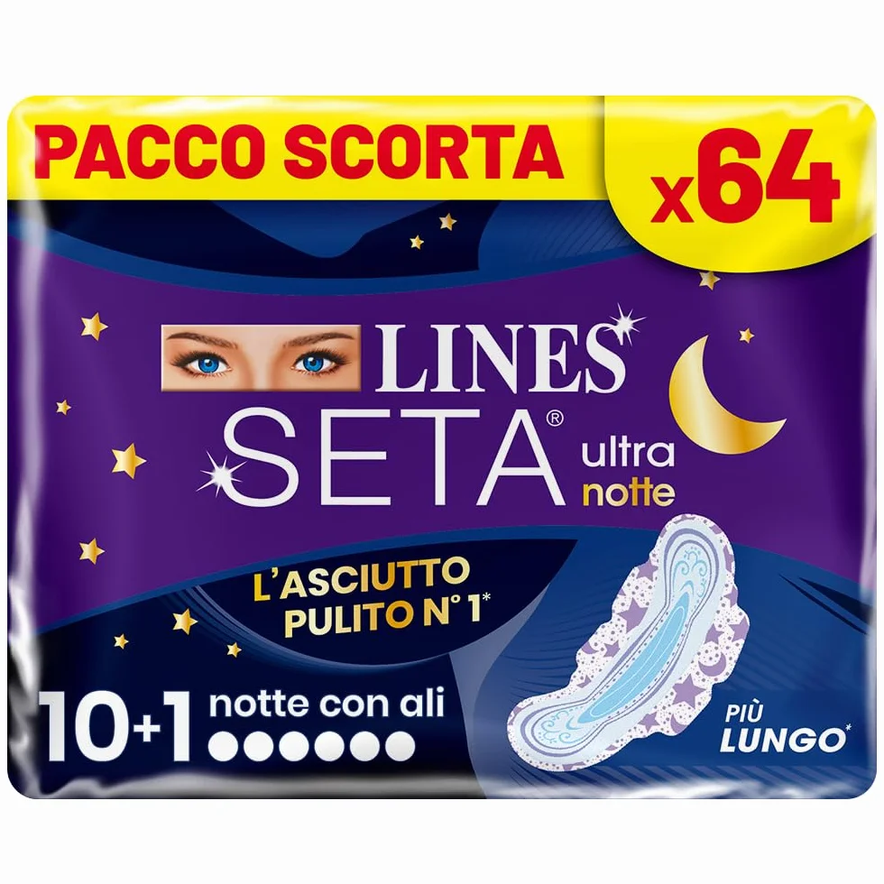 LINES SETA ULTRA NOTTE con ali, 64 assorbenti per ciclo mestruale, protezione notte, ipoallergenico, super assorbente