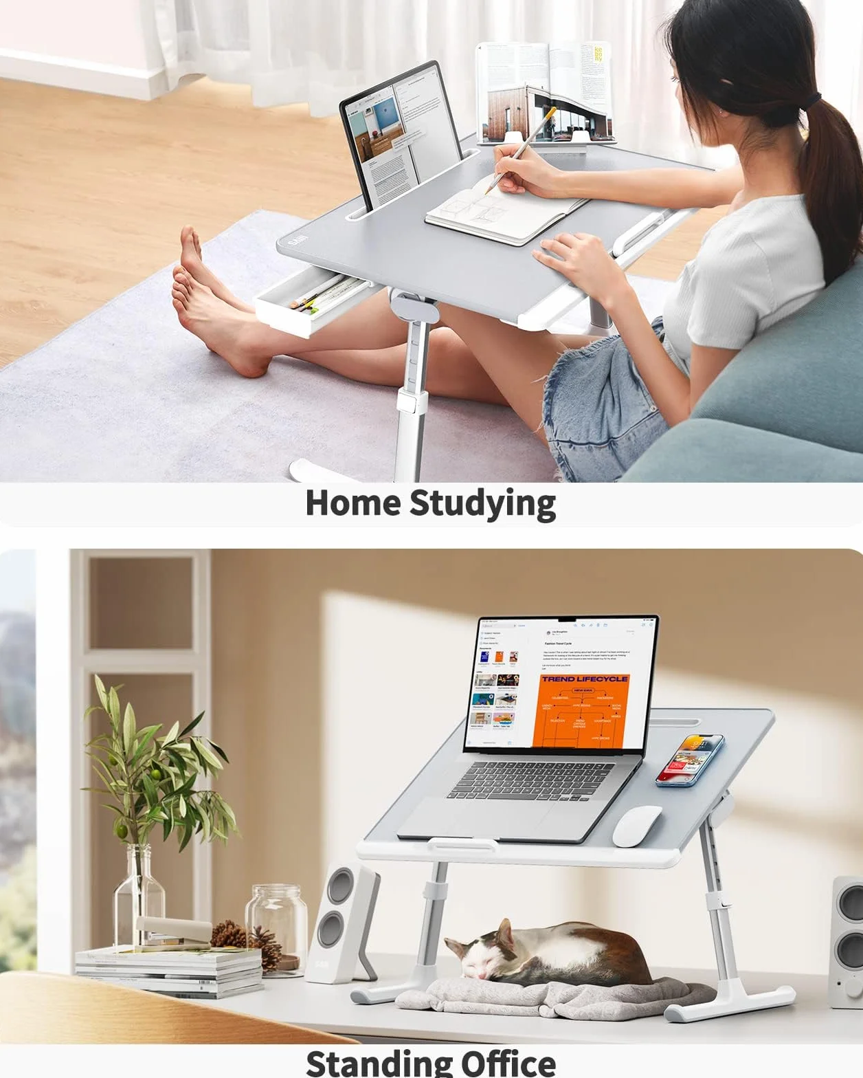 SAIJI - Tavolo per computer portatile e desktop, multi-funzione, altezza regolabile, supporto per libri e tablet, cassetto, pavimento del letto (grigio, 60 x 45 cm)