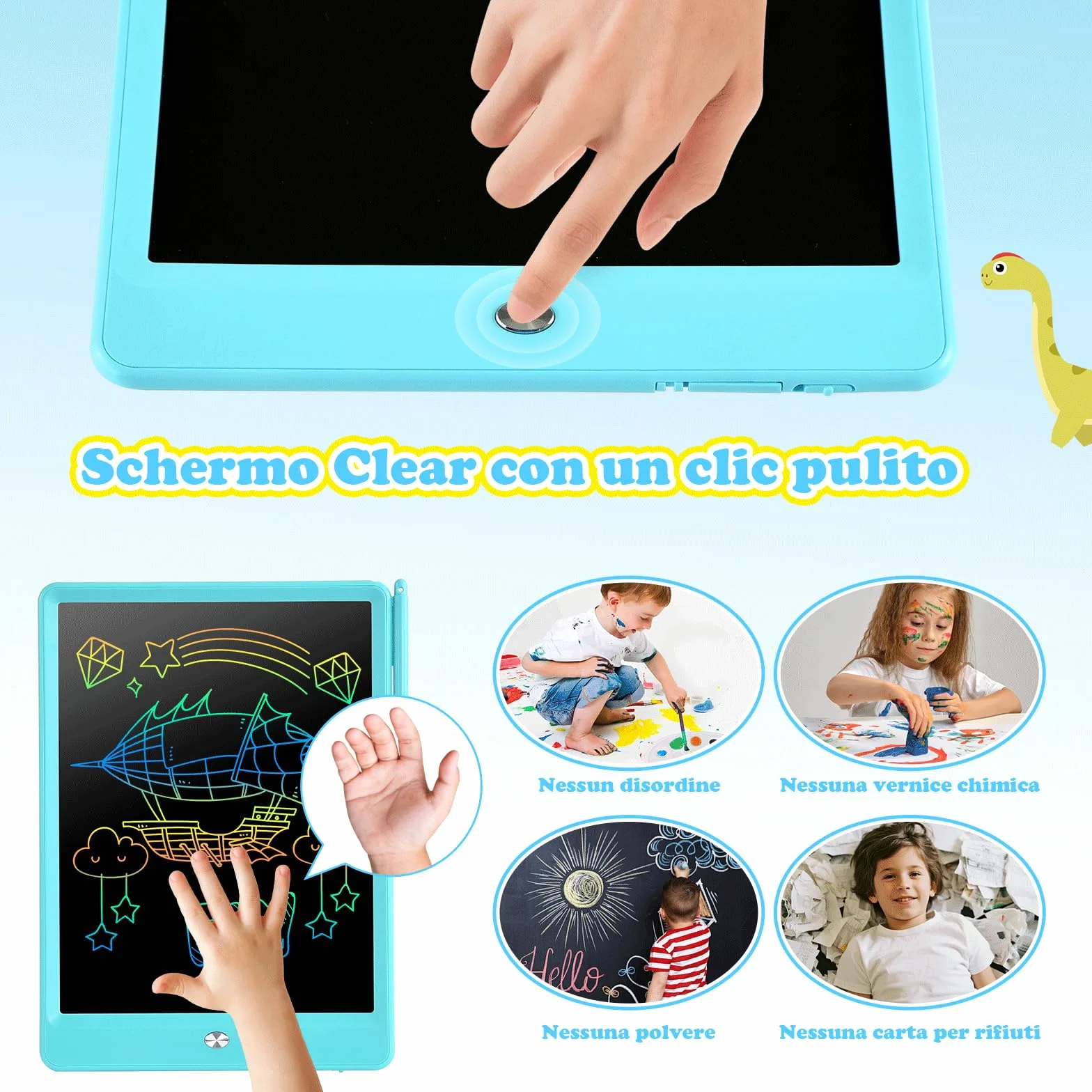 EooCoo Tavoletta Grafica Bambini 10 Pollici LCD Scrittura Lavagna Cancellabile Blu