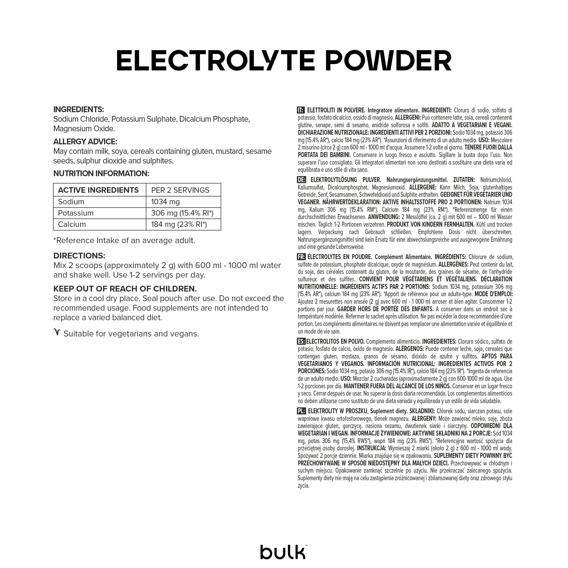Elettroliti in Polvere Non Aromatizzato 500g sodio potassio magnesio calcio Idratazione Basso Calorico