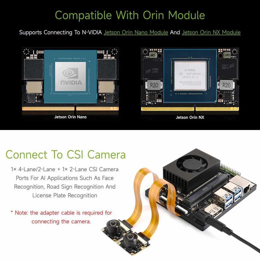 Waveshare Jetson Orin Nano/NX AI Development Board, with Two 4-lane CSI Ports, Two M.2 Key M and One M.2 Key E Ports, 5 USB Ports, 4K High-definition DisplayPort Port, compatible with Orin Module