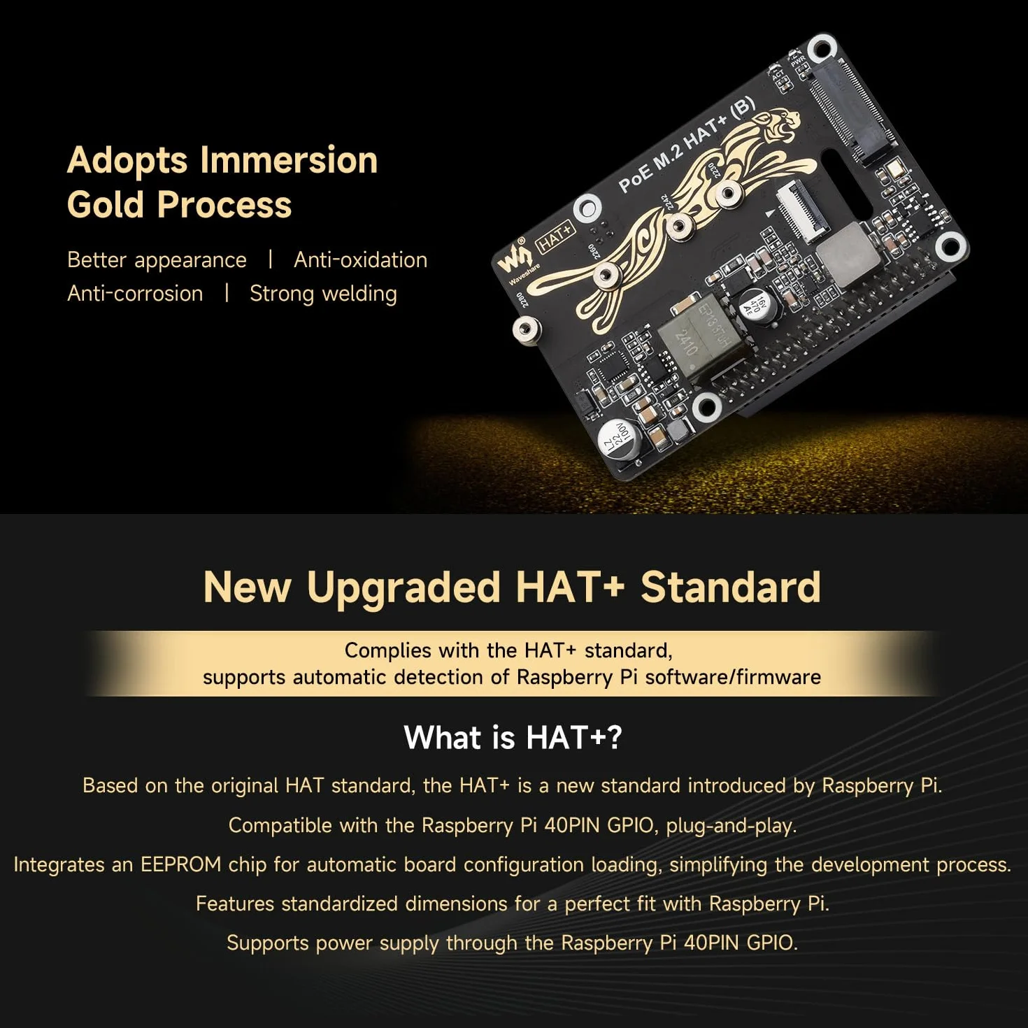 Waveshare PCIe to M.2 Adapter with PoE Function HAT+ (B), Compatible with Raspberry Pi 5, Supports POE NVMe Drive Protocol 2230/2242 / 2260/2280 M.2 Solid State Drive, High-Speed Reading/Writing