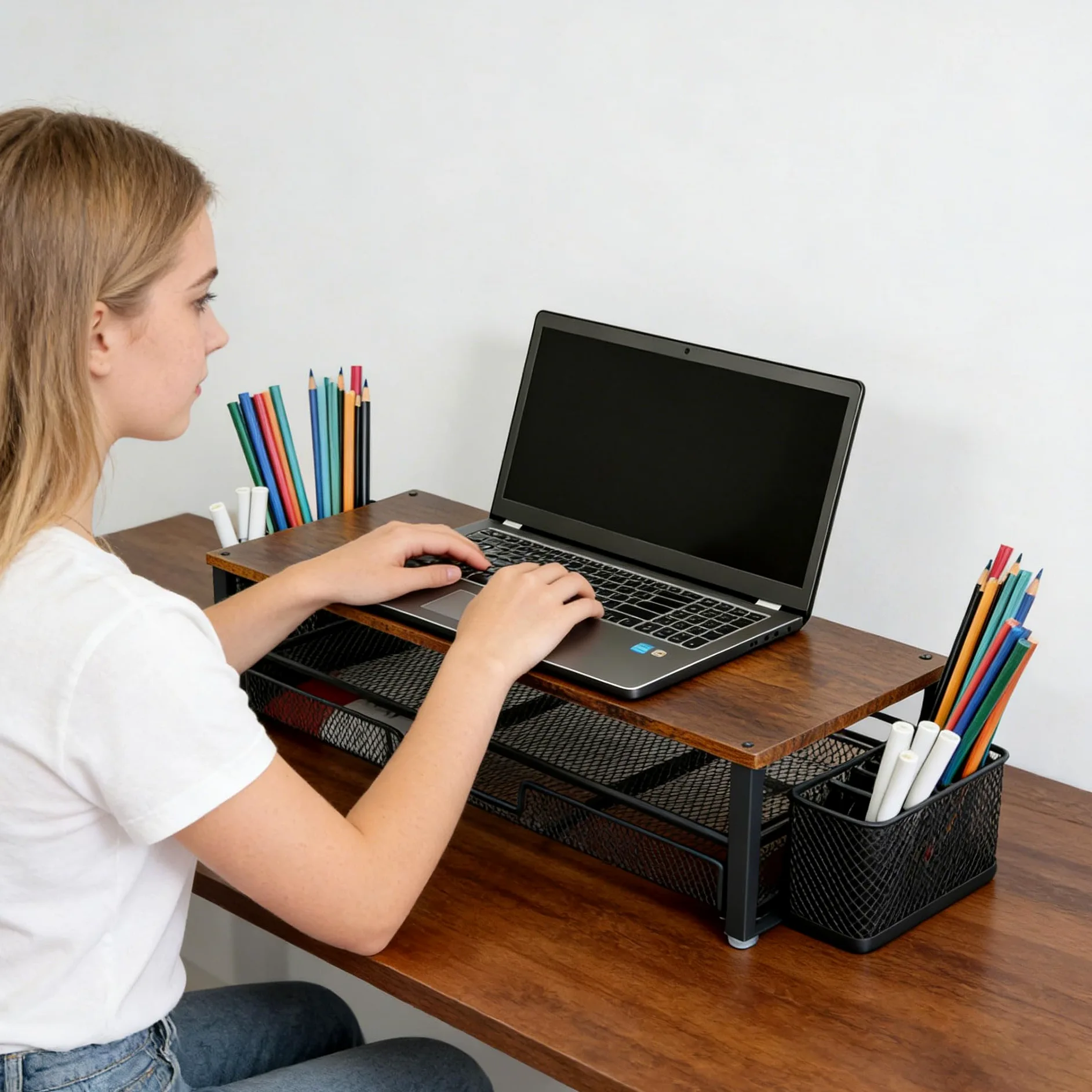 Supporto per monitor in metallo resistente con soluzione di archiviazione integrata per postazione di lavoro ordinata Supporto da scrivania ergonomico