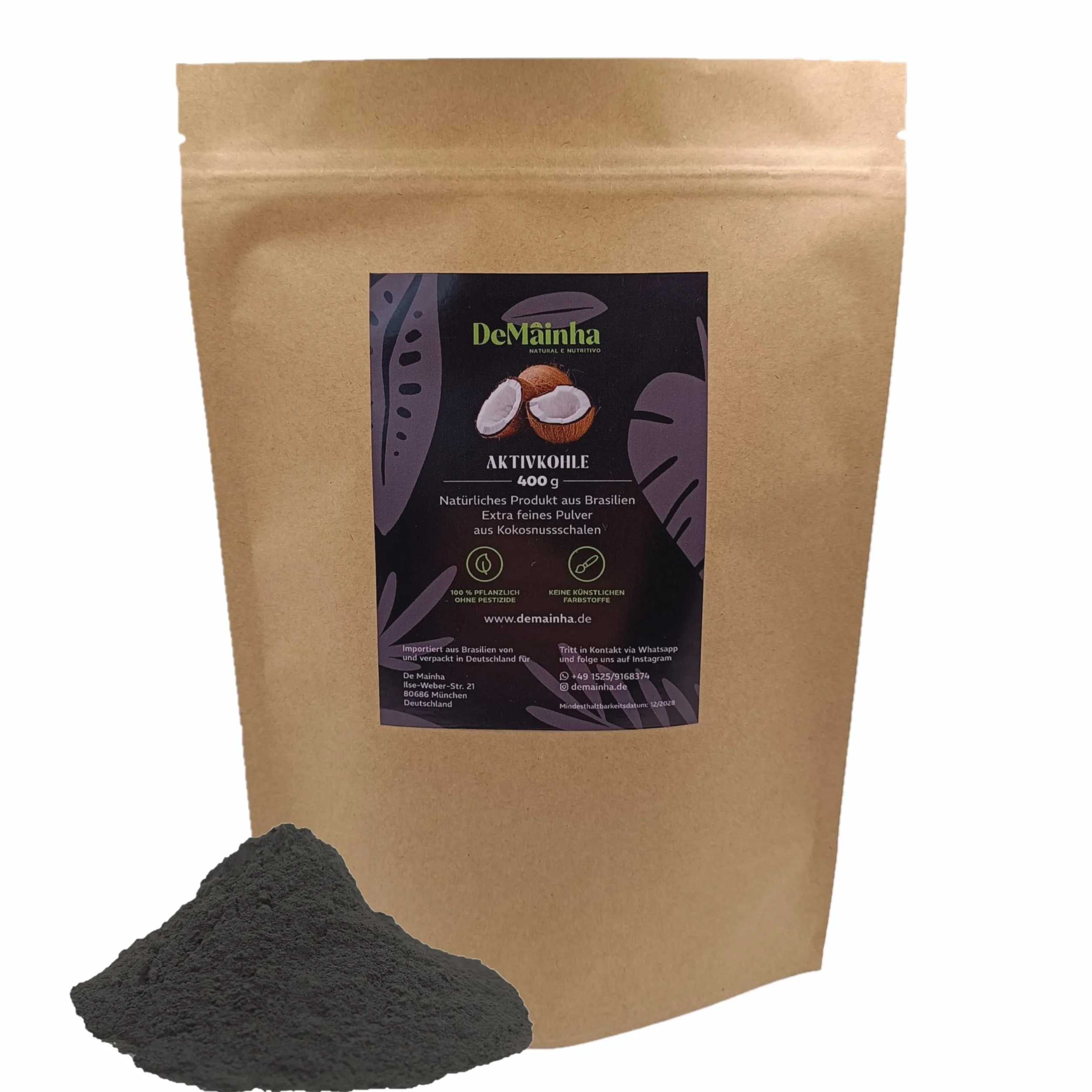Carbone attivo in polvere premium 400 g 100% vegetale da gusci di cocco brasiliano