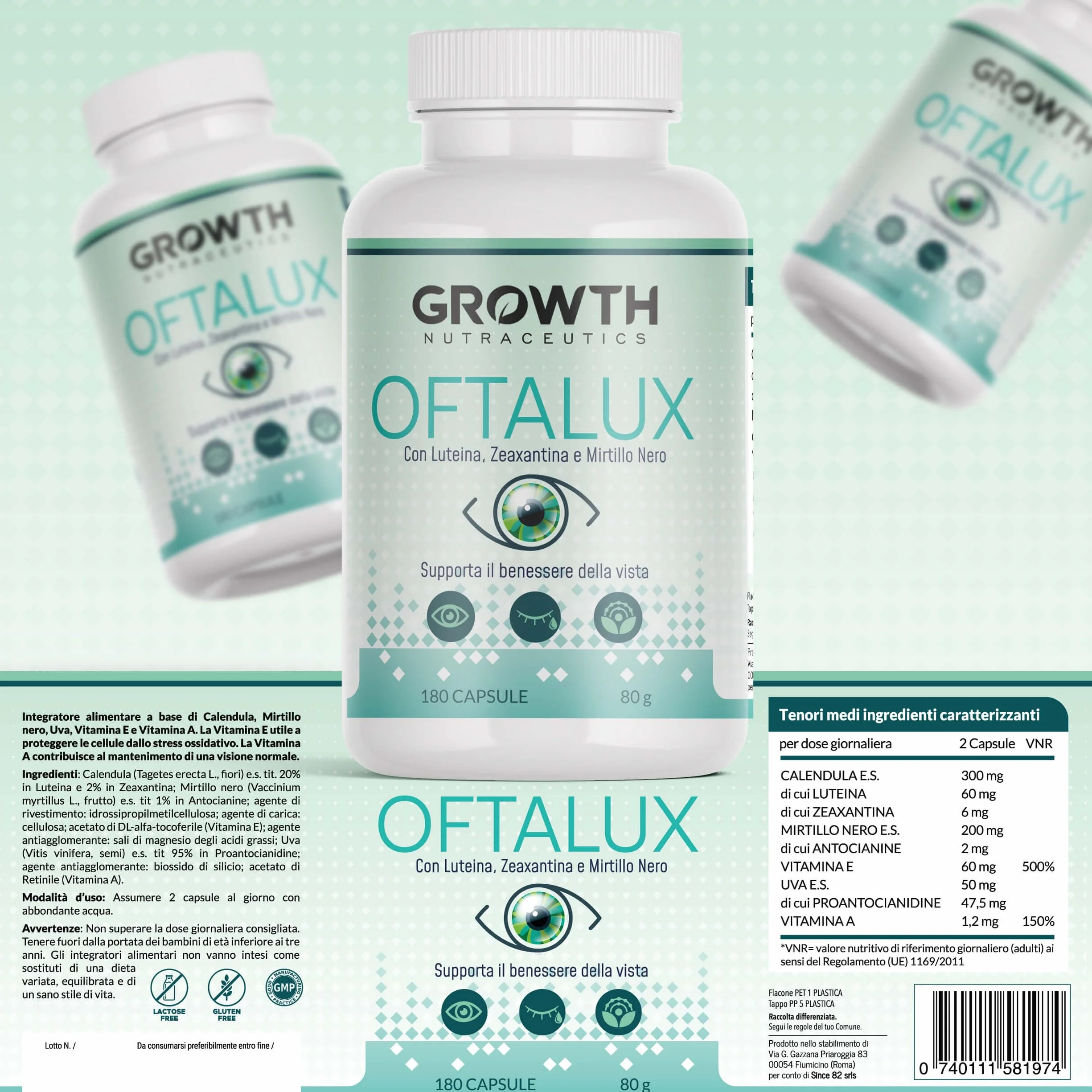 Luteina e Zeaxantina 180 Capsule Integratore Occhi con Mirtillo Nero Vitamine A E