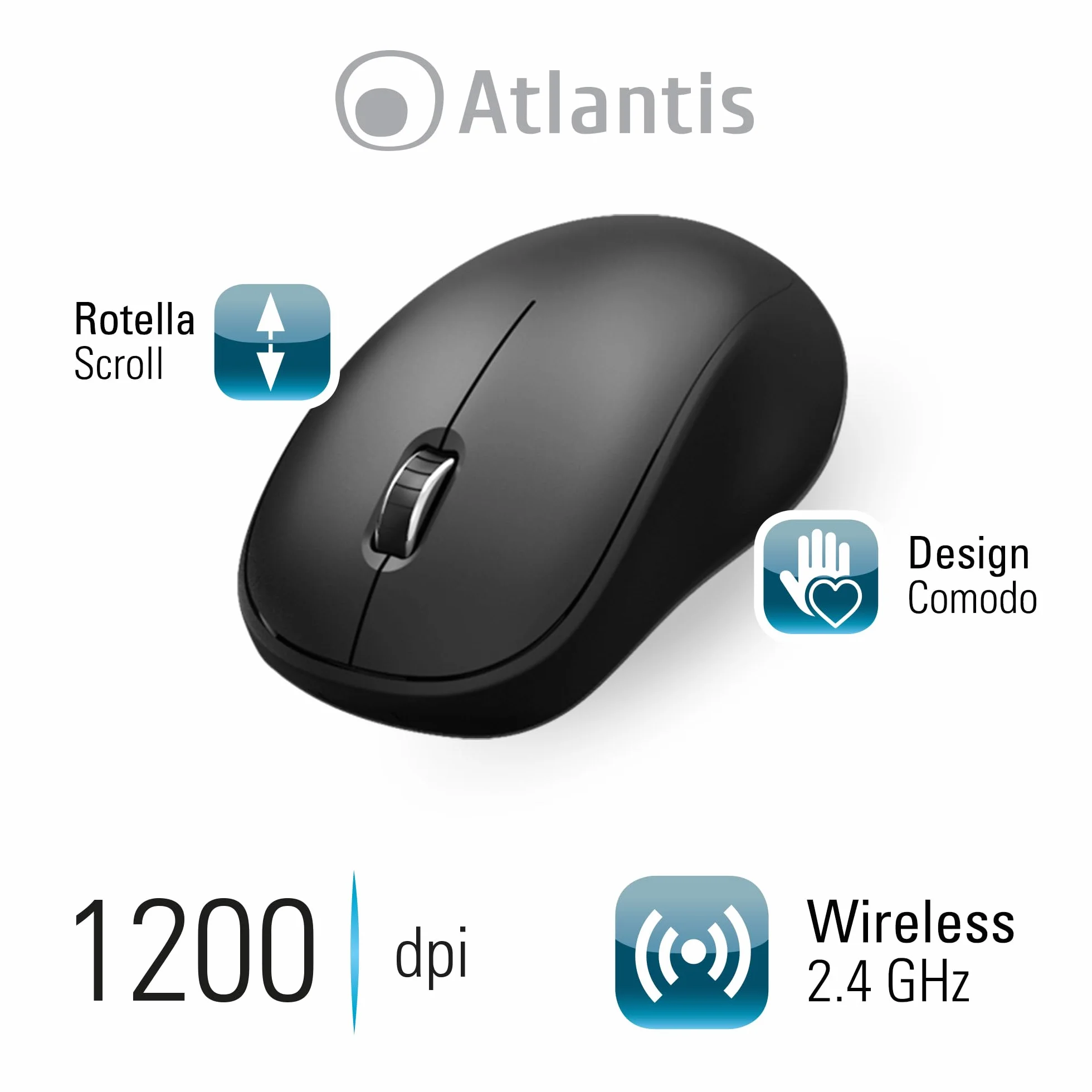 Atlantis Combo Kit Tastiera e Mouse Wireless senza fili, Multimediale, Layout Italiano QWERTY, 9 Tasti di scelta rapida, per PC/Laptop/Notebook, ricevitore USB unico, cod. P013-AX280G+M, Nero.