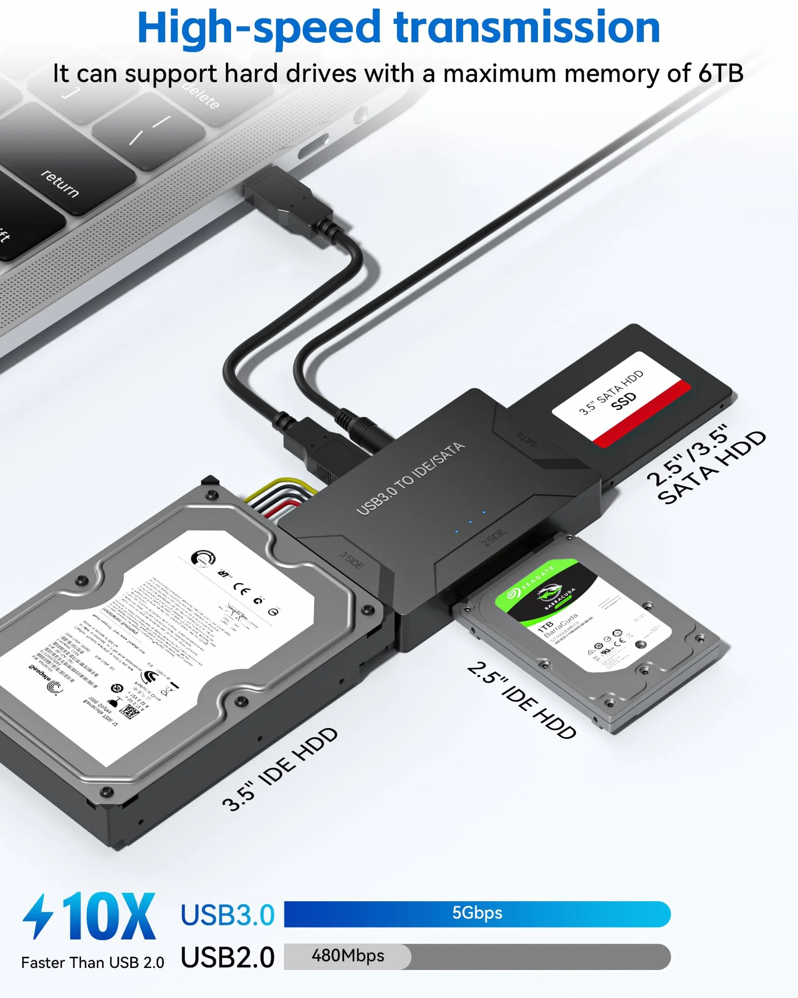 Adattatore IDE USB 3.0, USB 3.0 a SATA universale per dischi rigidi 2,5 e 3,5 pollici HDD/SSD con alimentatore 12 V 2 A
