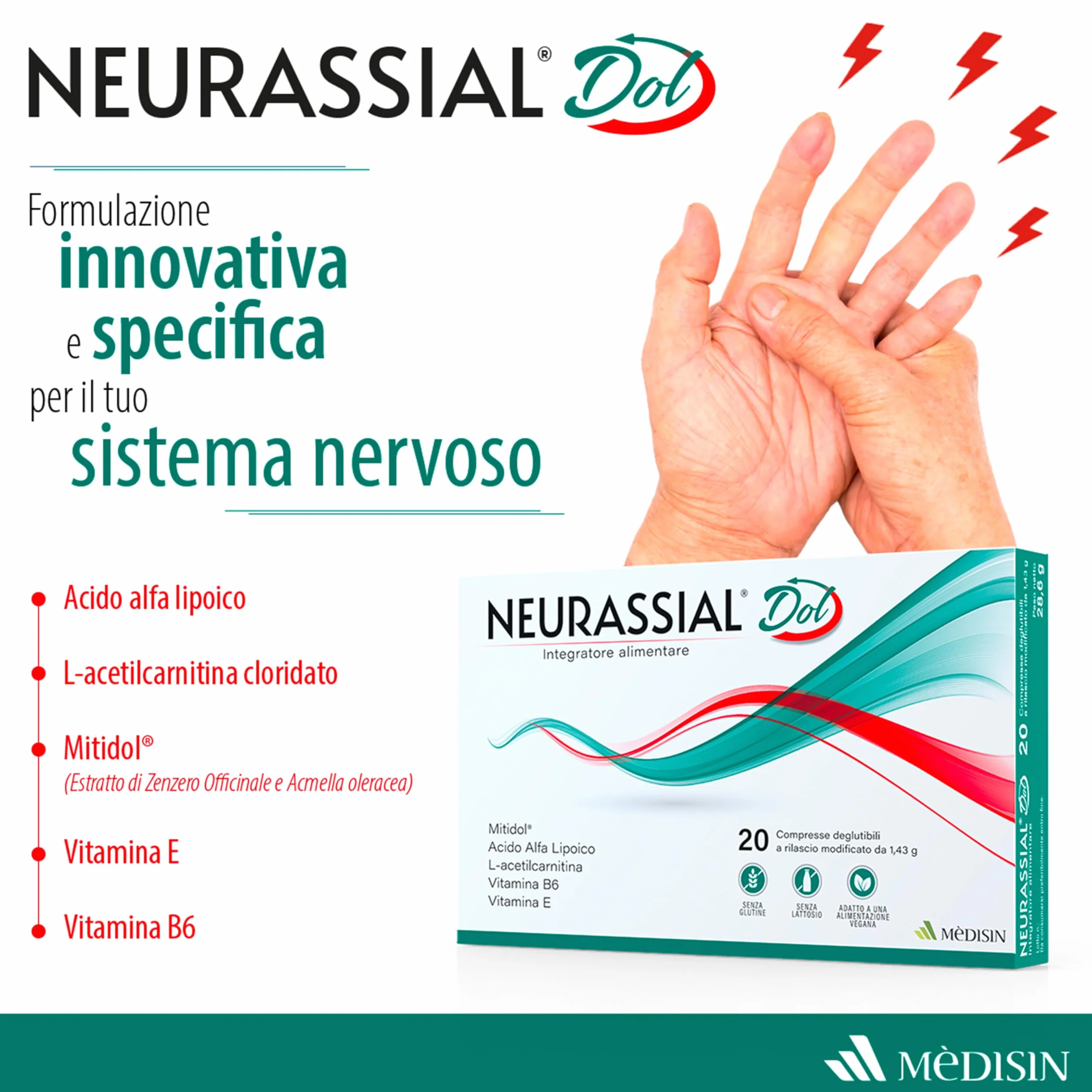 NEURASSIAL DOL Integratore alimentare Acido Alfa Lipoico L-acetilcarnitina Zenzero Acmella Vitamina E Vitamina B6 20 Compresse