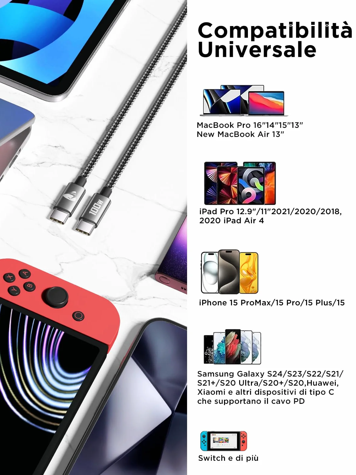 Cavo USB C 100W 5A Caricatore Ricarica Rapida 2M Nylon Type C to Type C per iPhone 16 15 Pro Max iPad Pro MacBook Samsung Galaxy S24 S25