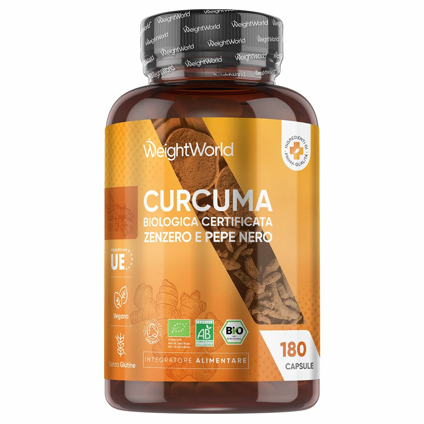 Curcuma Piperina Zenzero Integratore Biologico 1520mg 180 Capsule Vegane con Pepe Nero e Zenzero Senza Glutine