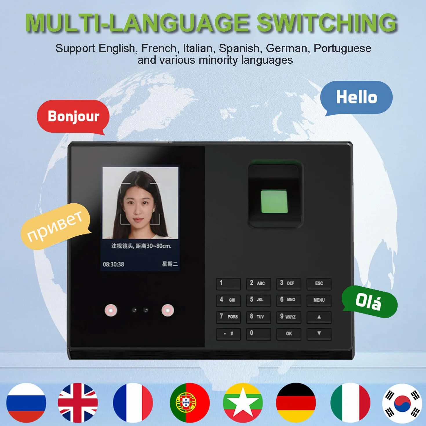Rilevazione Presenze Intelligente per Piccole Imprese, Orologio Dipendenti Viso+Impronta Palmare+Impronte Digitali+Password, Display 2,8", 0 Canone Mensile