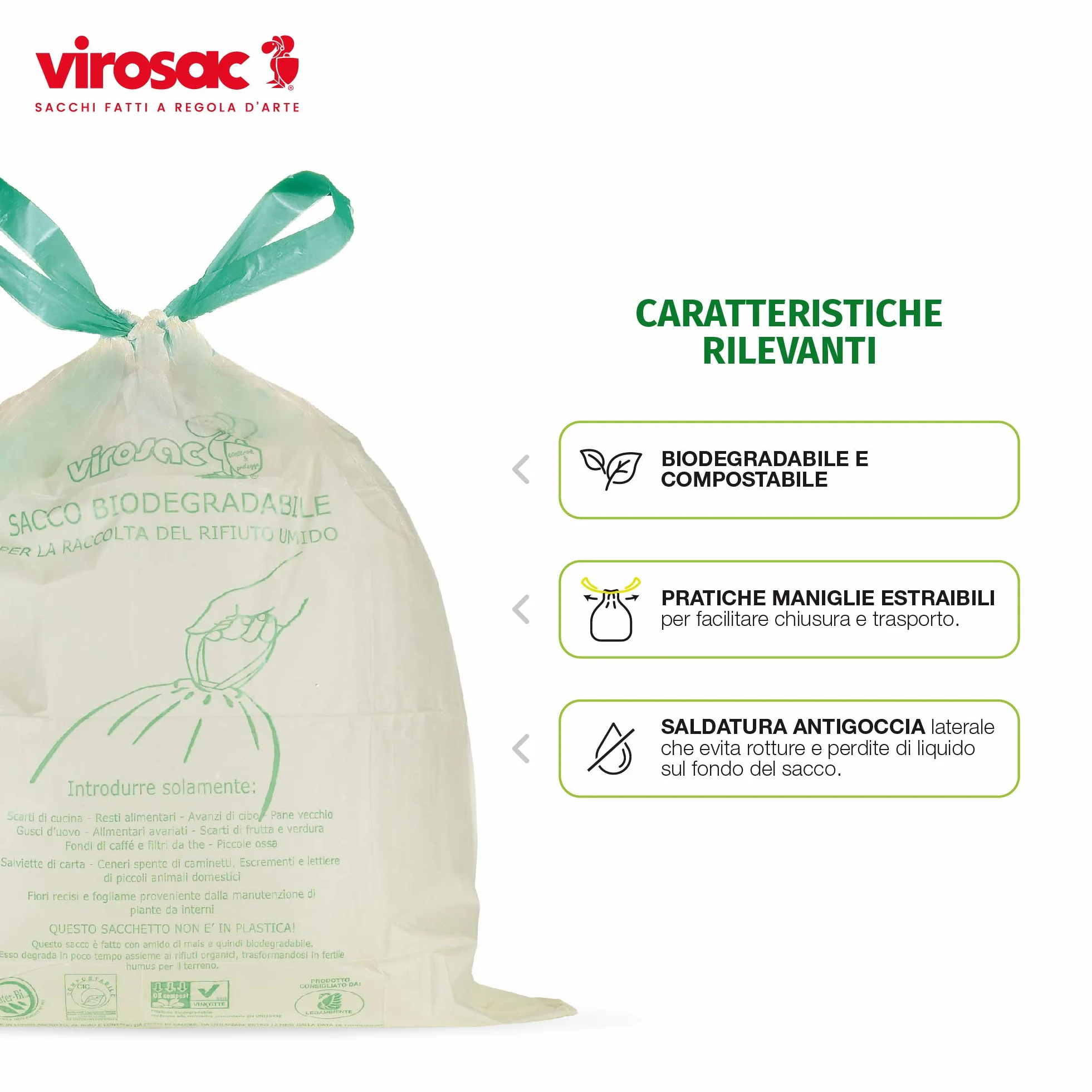 VIROSAC Biopratico Sacchetti Rifiuti Biodegradabili 35x42 con Maniglie 30 Pezzi