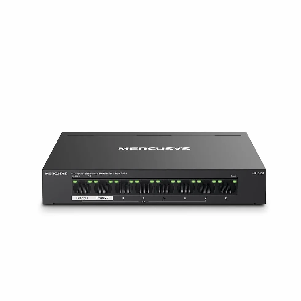TP-Link Mercusys MS108GP PoE+ Switch 8 Porte Gigabit con 7 PoE+, 30W per Porta PoE, 65W su Tutte le Porte, 802.3af/at, Cassa in Metallo, Durevole e Silenzioso, Sdoppiatore Ethernet, Plug&Play