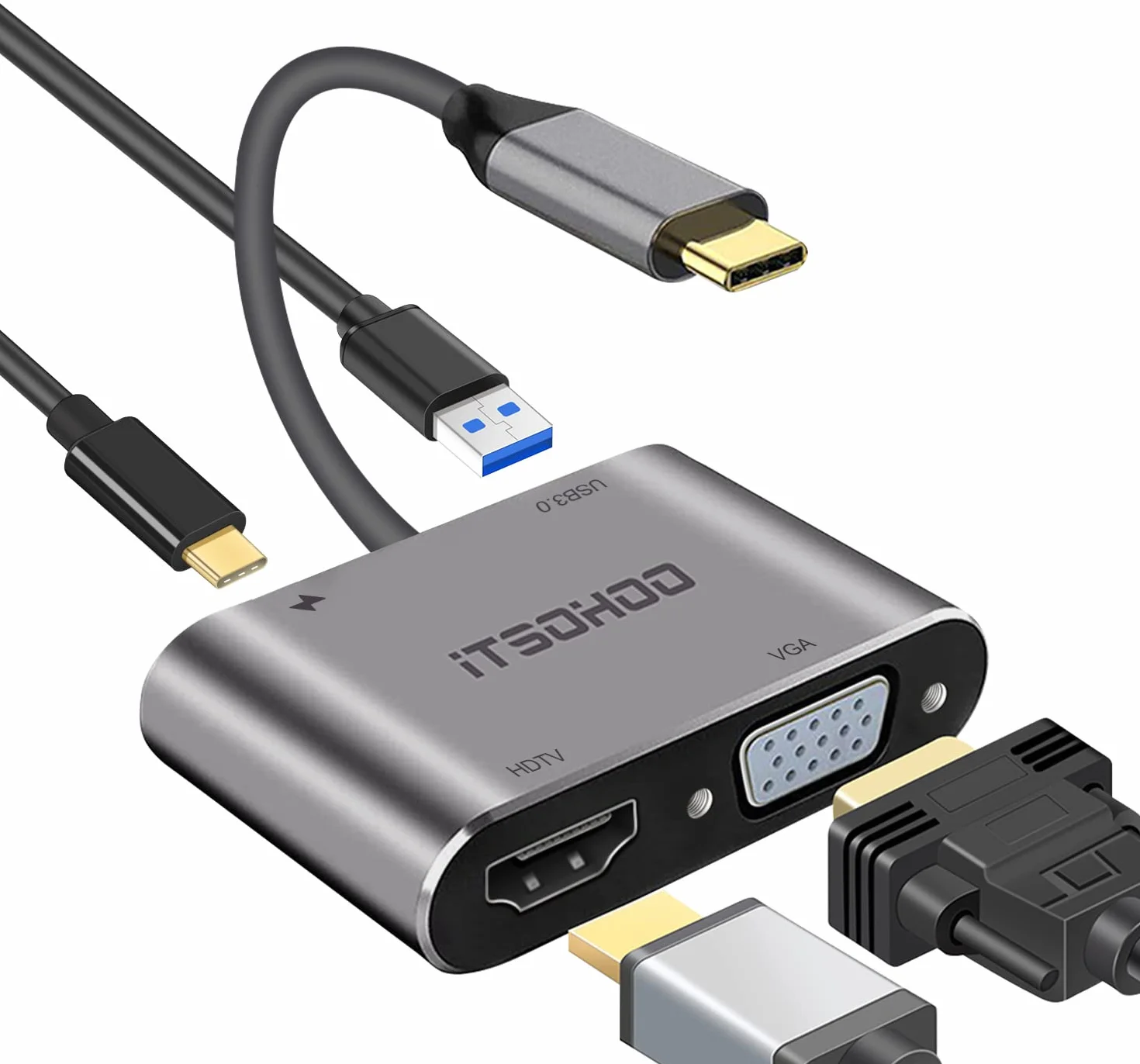 Adattatore USB C a HDMI VGA, USB C HUB a 4K HDMI,1080P VGA,USB 3.0, Type C 87W PD,4 in 1 USB C Adattatore per MacBook Air/Pro M1,Dell XPS 13/15, Surface Go, Galaxy S20 ecc